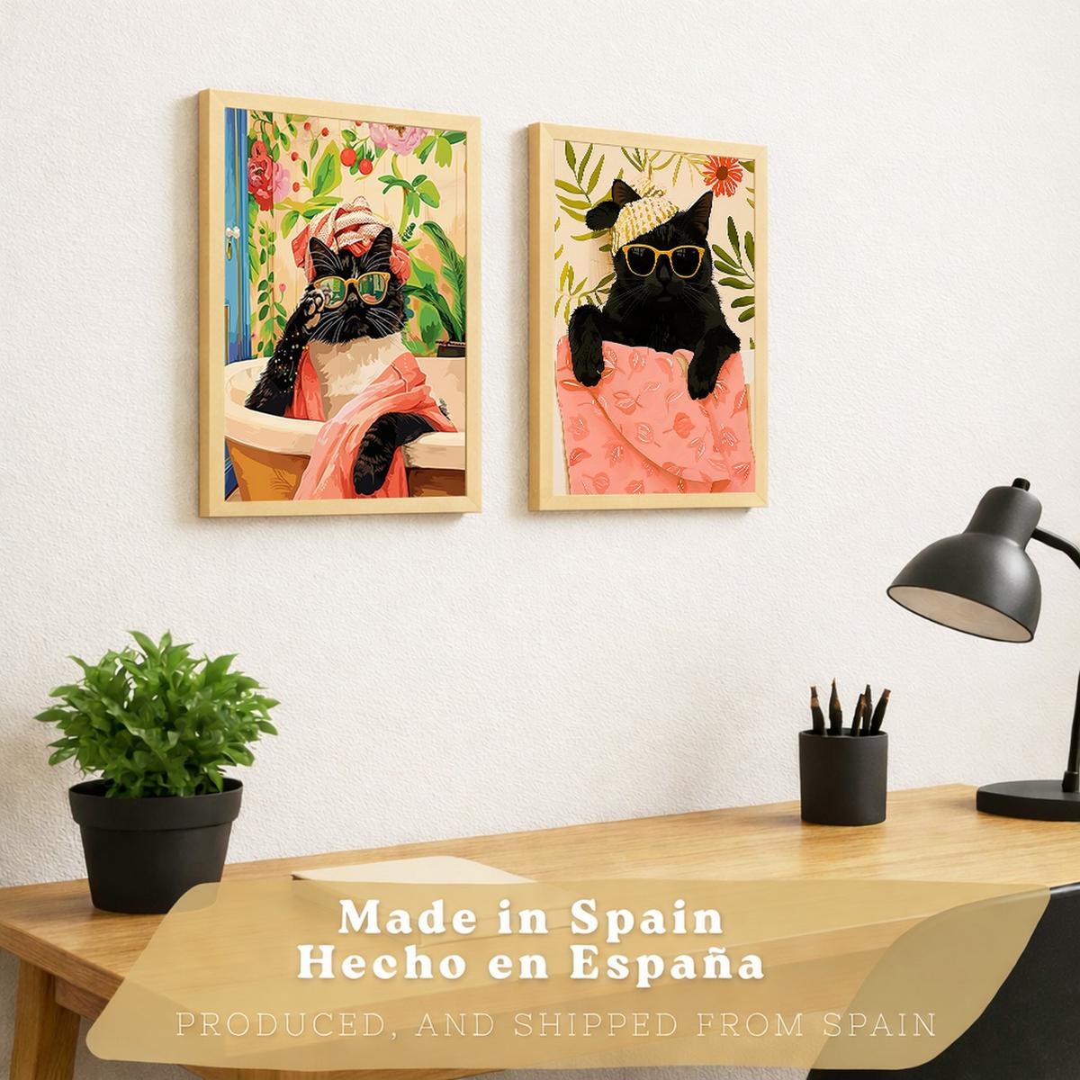 POSTER 2er Kunstdruck-Set Wandbilder Katzen Badezimmer modern Wohnzimmer Deko, Schlafzimmer, Küche Leichter Holzrahmen A3 - Beige, Papier (29.7/1/42cm) - Nacnic