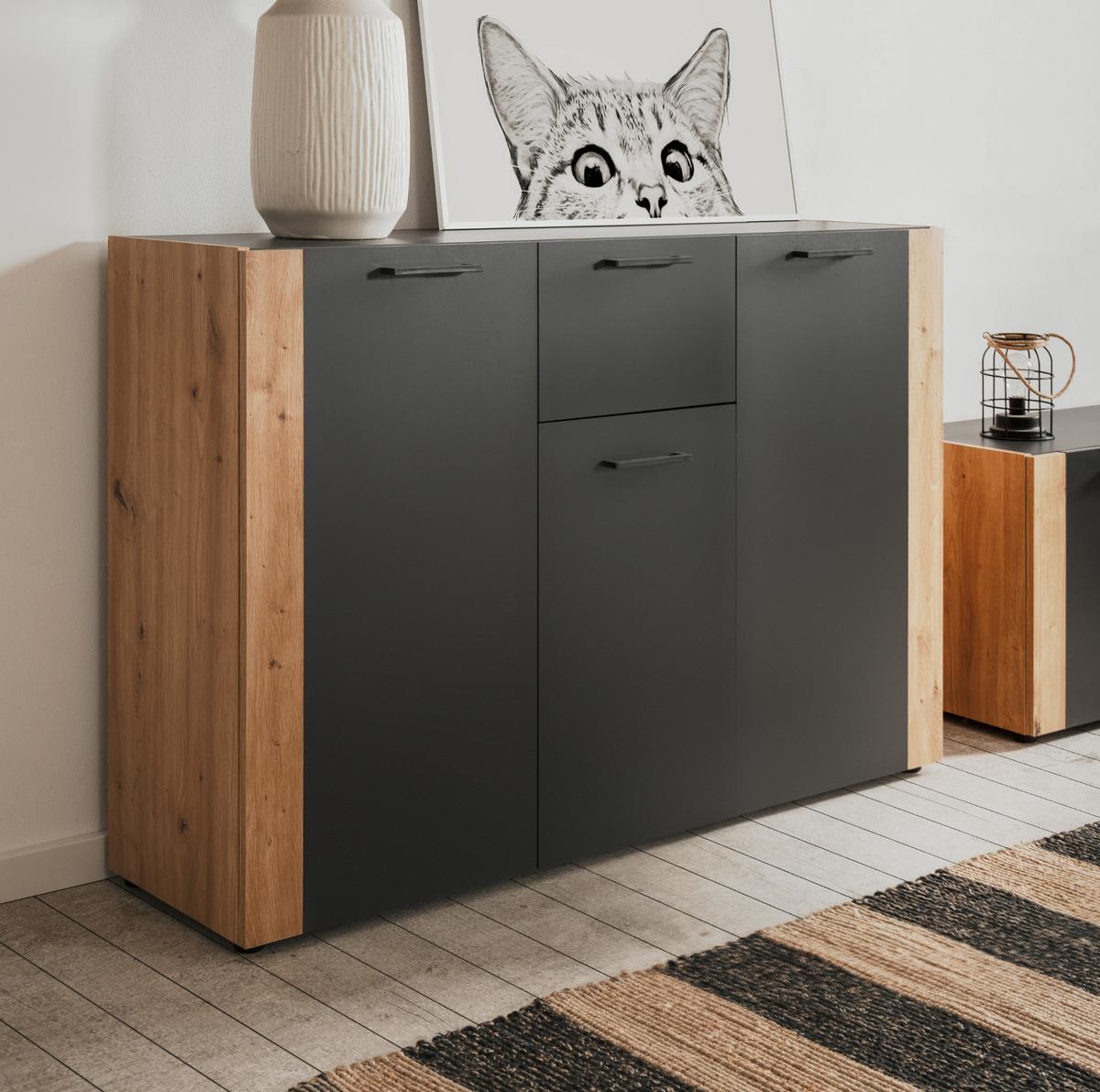 SIDEBOARD grau, Artisan Eiche 126 x 85 cm, Kommode 3-türig - Anthrazit/Schwarz, Holzwerkstoff/Kunststoff (125.5/85/34.5cm) - Furn.Design