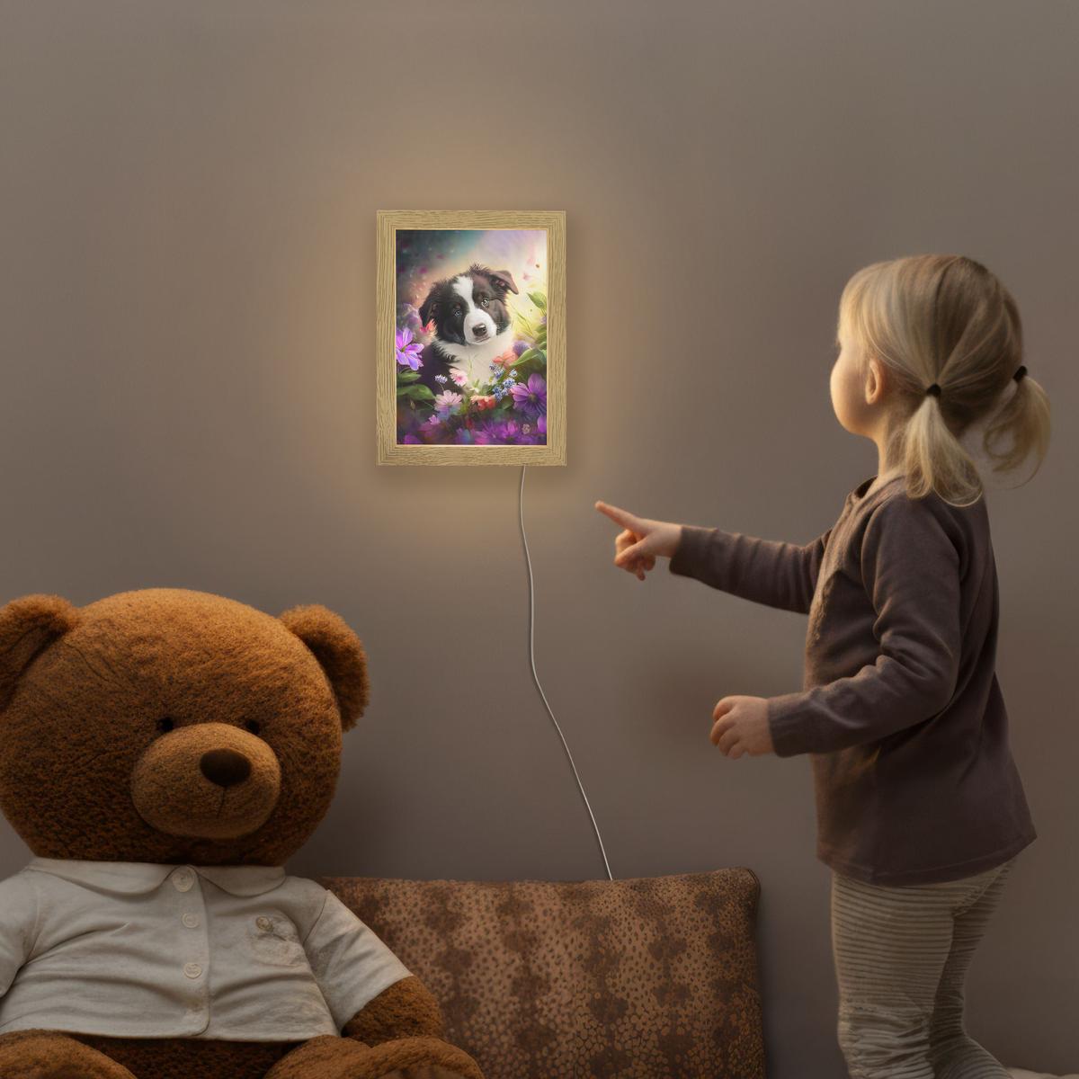NACHTTISCHLAMPE Welpe - Sonne - Blumen - Natur - Border Collie - Hund 15x20 cm - Violett, Holzwerkstoff (8/15/20cm) - OnlyWow