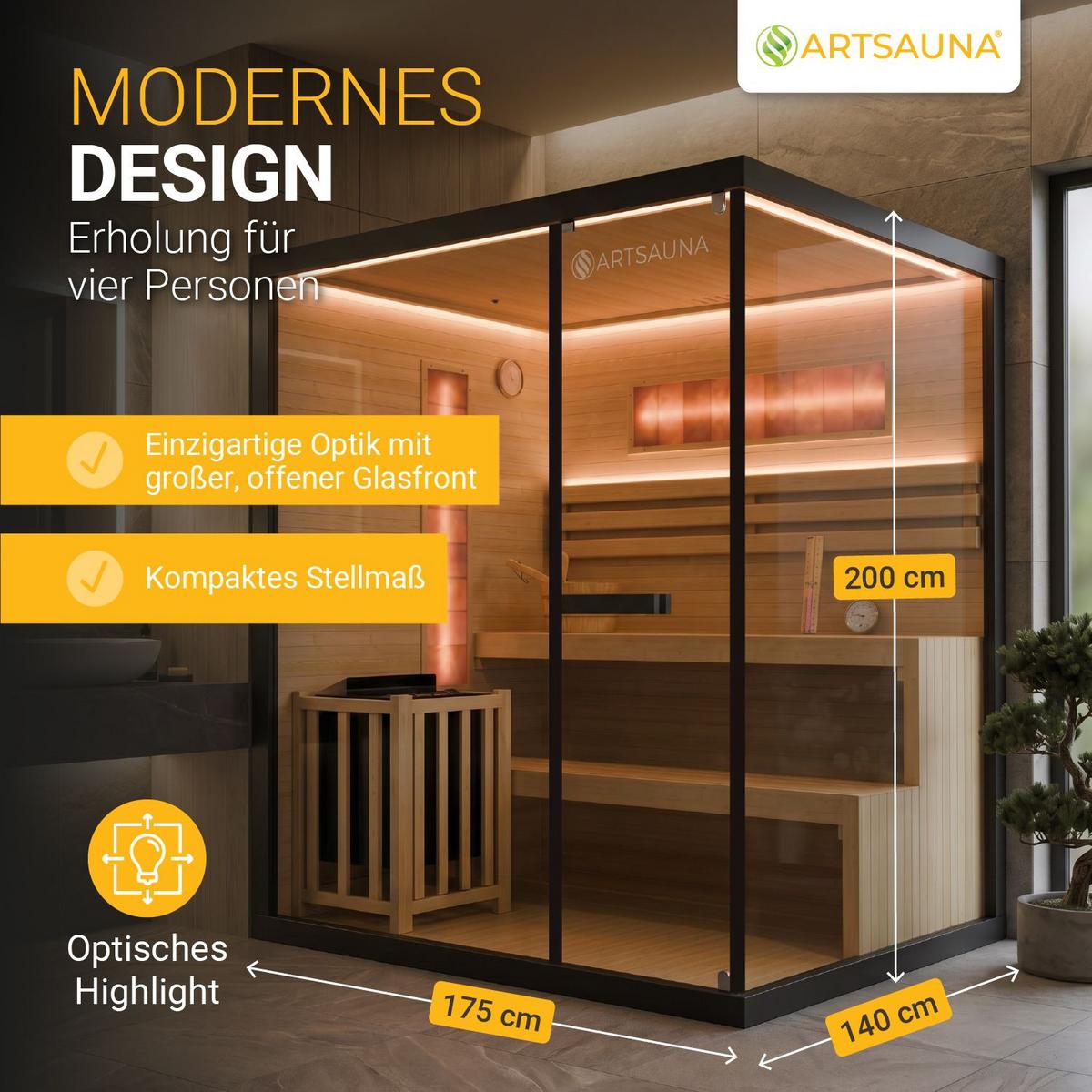 SAUNA Vantaa 175 x 140 cm mit 8 kW Saunaofen - Schwarz, Holz (140/200/175cm) - Artsauna