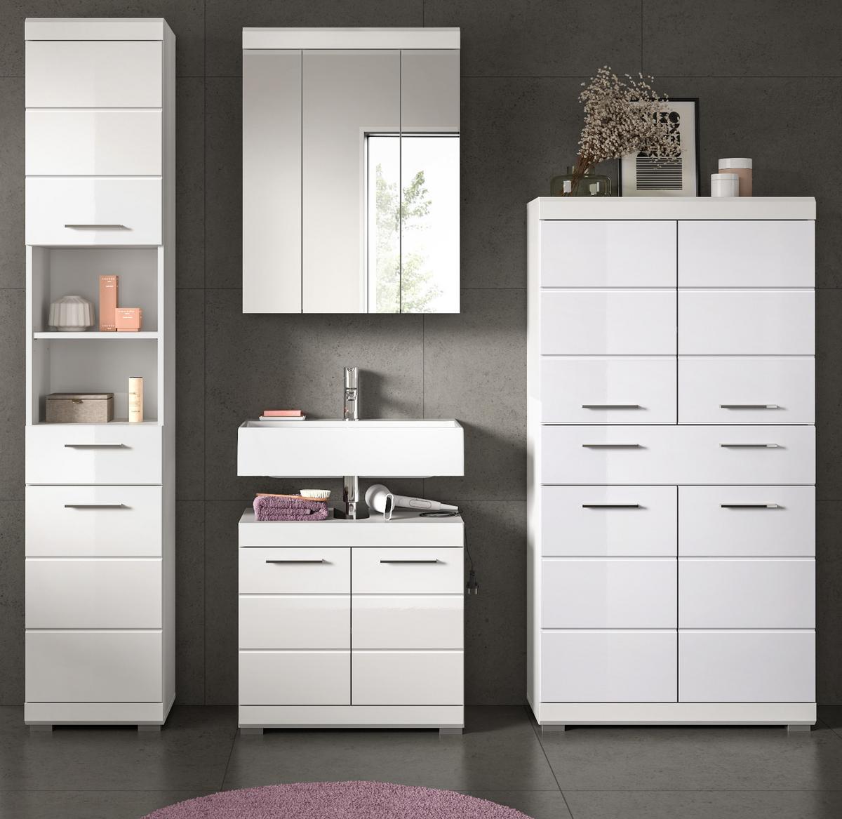 BADMÖBEL-SET weiß Hochglanz 4-teilig 200 cm, Komplettset mit viel Stauraum - Weiß Hochglanz, Glas/Holzwerkstoff (200/191/34cm) - Inn.Furn