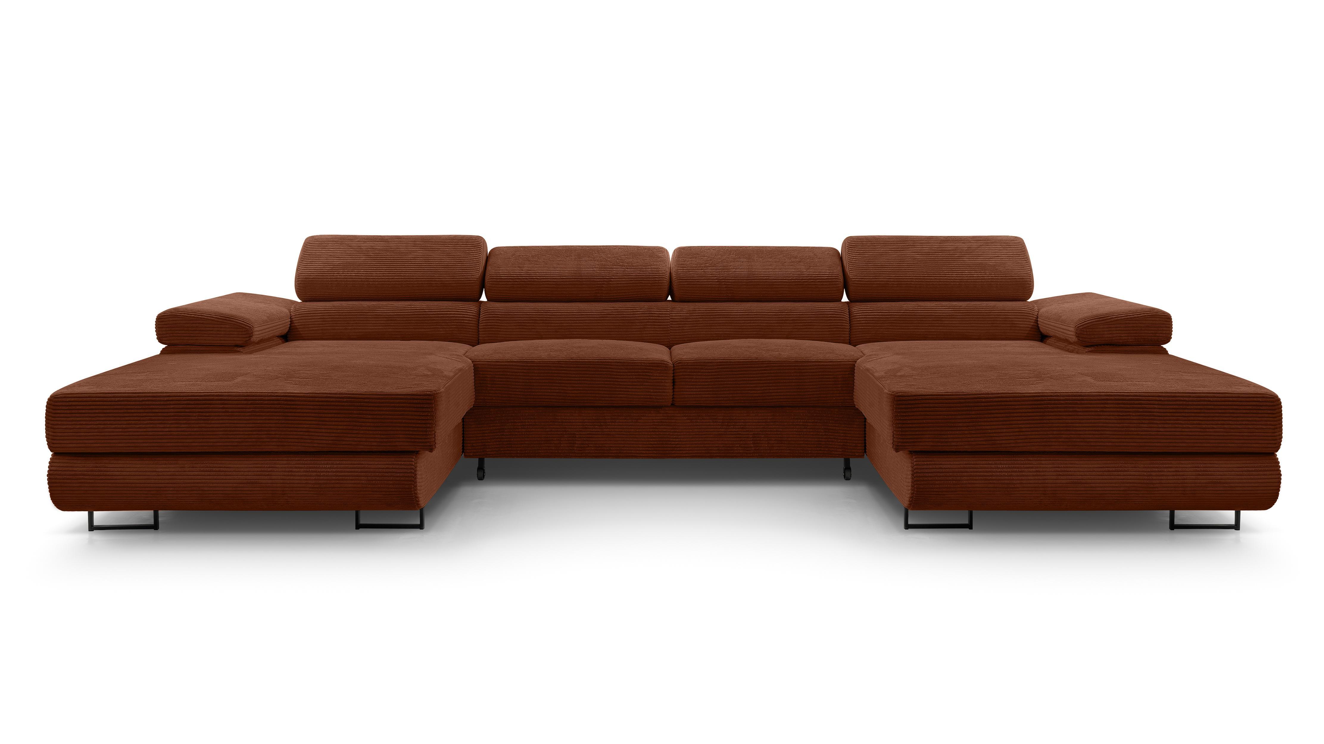 WOHNLANDSCHAFT Arborio Ziegelrot 352/202/90 cm mit Schlaffunktion - Schwarz/Orange, Textil/Metall (352/90/202cm) - AX Living