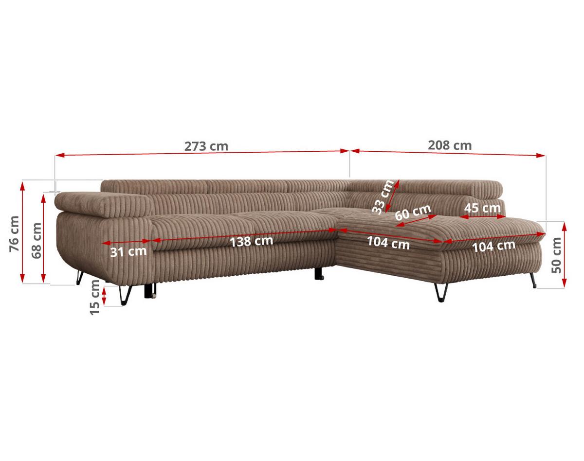 ECKSOFA PEDRO L Braun Cord - Links Seite - Schwarz/Braun, Textil/Metall (208/273cm) - MKS