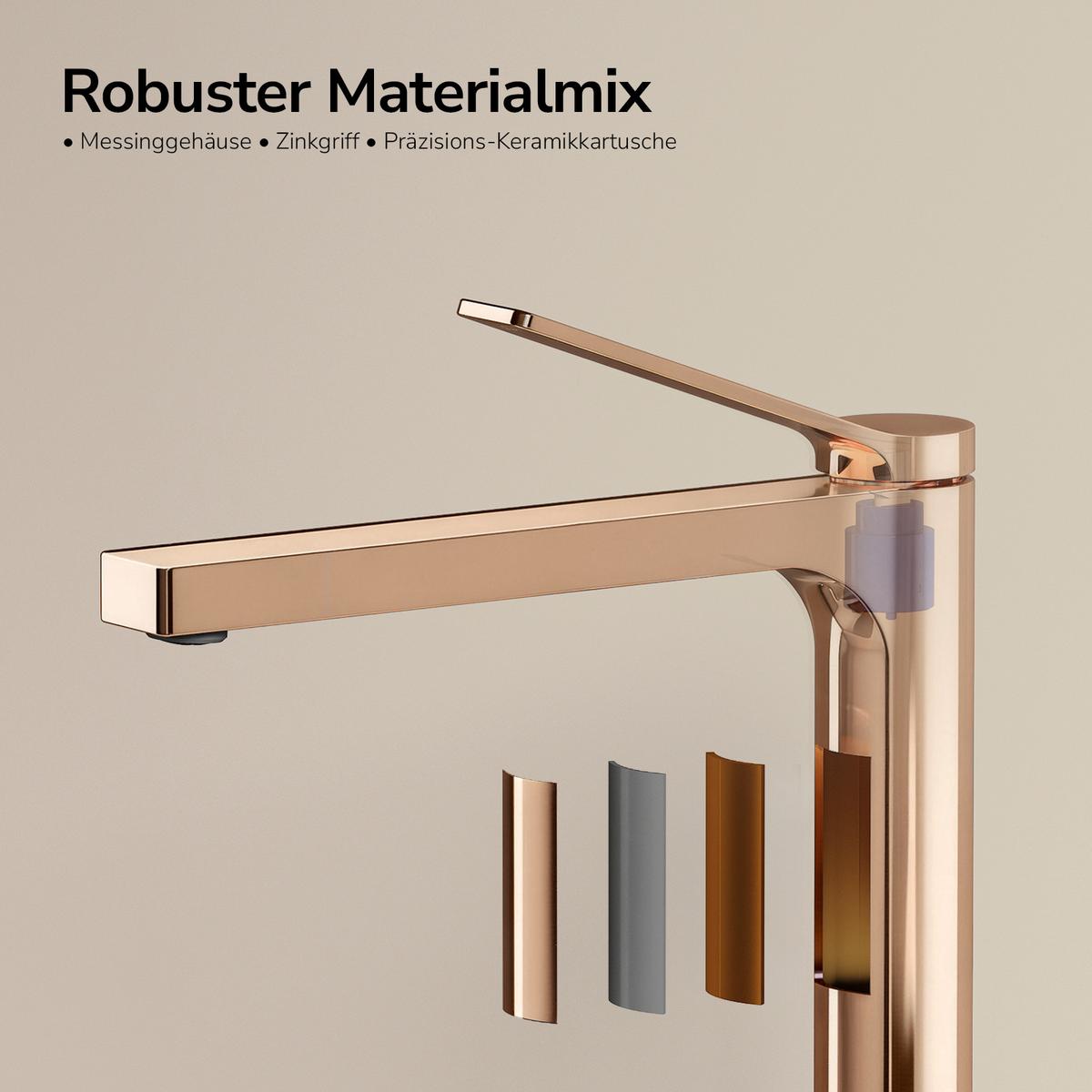 WASCHTISCHARMATUR mit Zertifiziertem Filterelement Rosengold Hoher Stil - Roségold, Metall (23.3/4.6/33.5cm) - EMKE