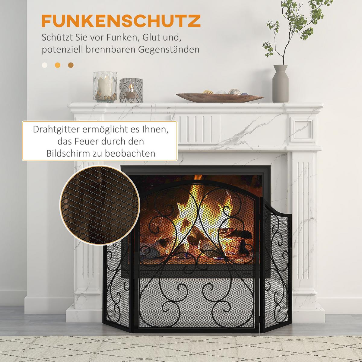 KAMINGITTER, Klappbares Kaminschutzgitter, Ofenschutzgitter mit 3 Paneelen - Schwarz, Metall (31/81/66cm) - HOMCOM