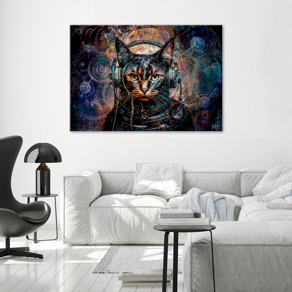 LEINWANDBILD Futuristische Katze Abstrakt 100x70cm - Blau, Textil (100/70cm) - Feeby