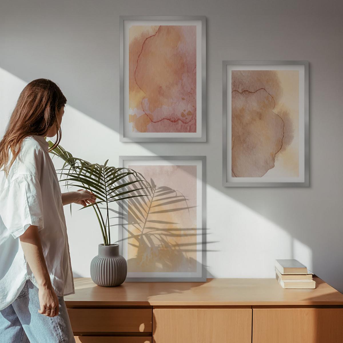 BILDER SET 3er Set - 40x60 cm Silberner Rahmen - Warme, farbenfrohe Aquarelltexturen - Silberfarben, Kunststoff (40/60cm) - TULUP