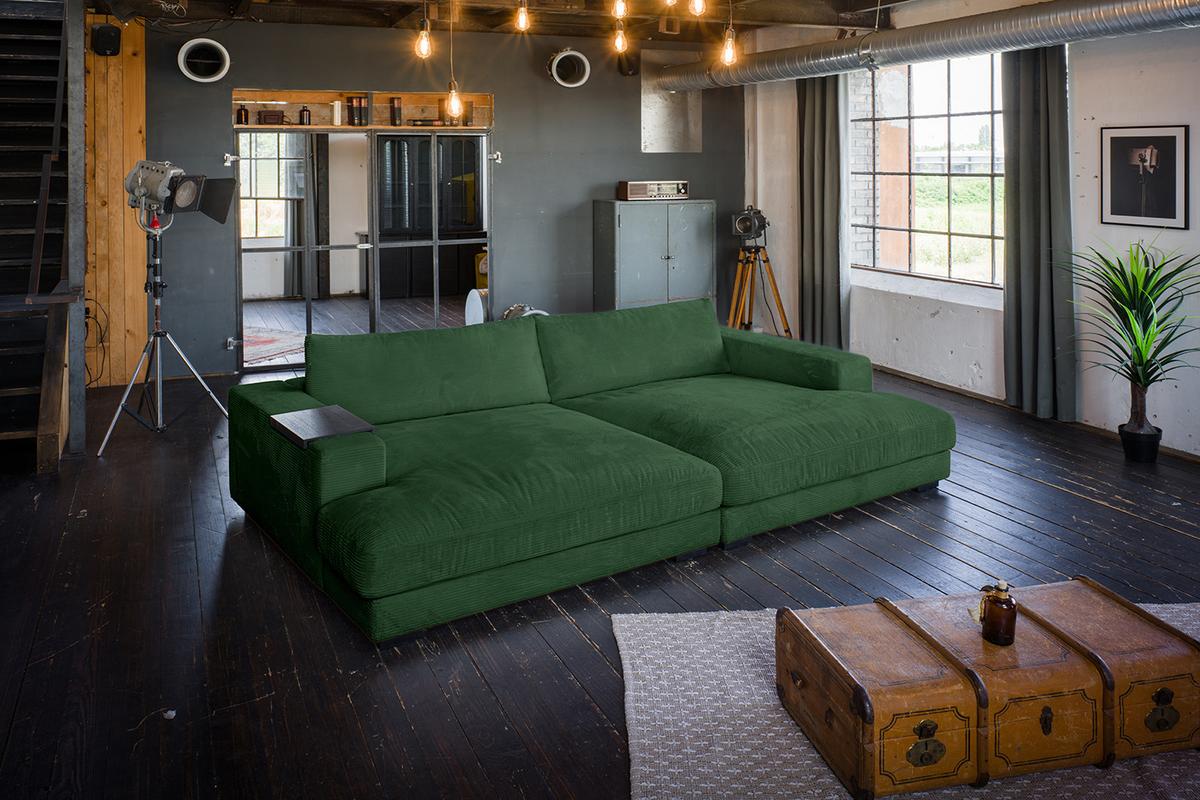 BIG SOFA XL MIT TABLETT MADELINE Smaragdgrün Cord - Smaragdgrün/Schwarz, Kunststoff/Textil (290/85/190cm) - KAWOLA