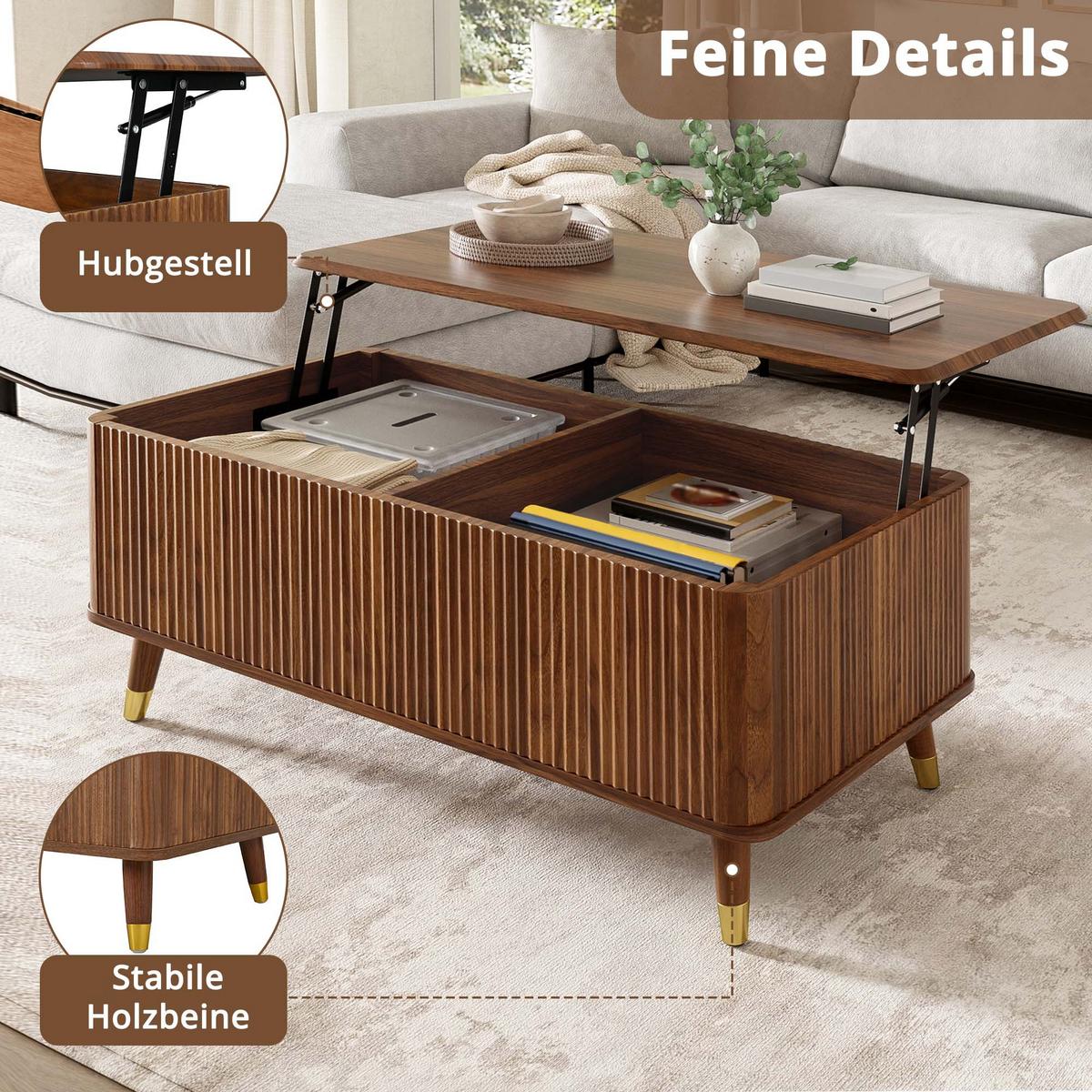 COUCHTISCH holzoptik & 3d-wellen-design mit lift-funktion & verstecktem stauraum - Walnussfarben, Holzwerkstoff (52/97/56.5cm) - Urban Meuble