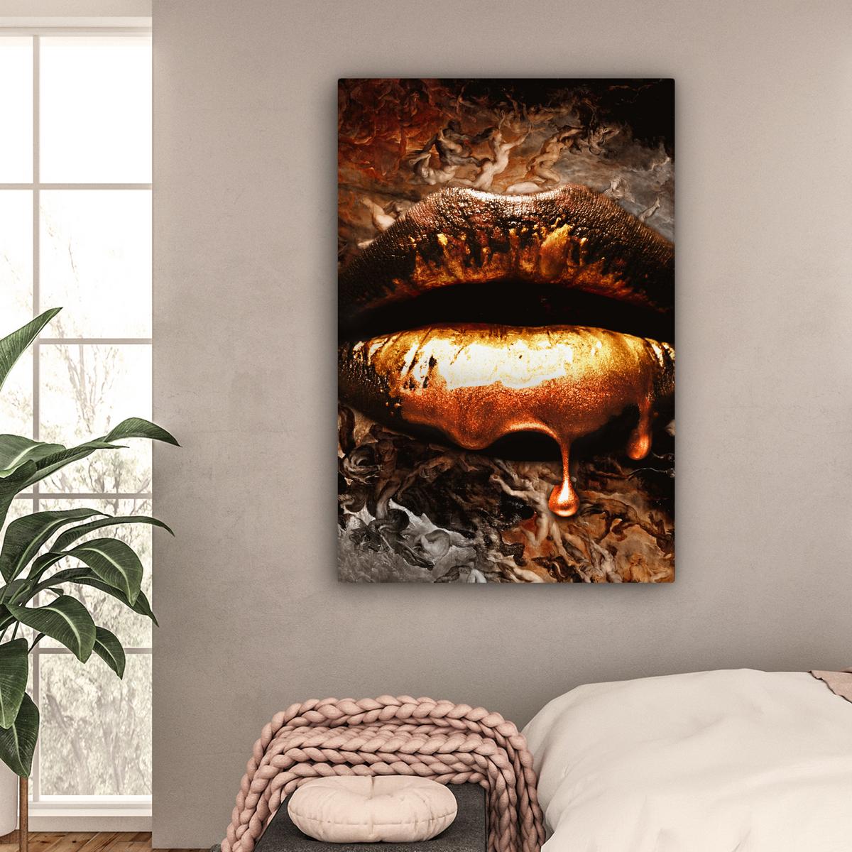 LEINWANDBILD Gold - Lippen - Kunst - Gold - Luxus - Abstrakt Deko XXL 80x120 cm - Kupferfarben, Textil (80/120cm) - MuchoWow