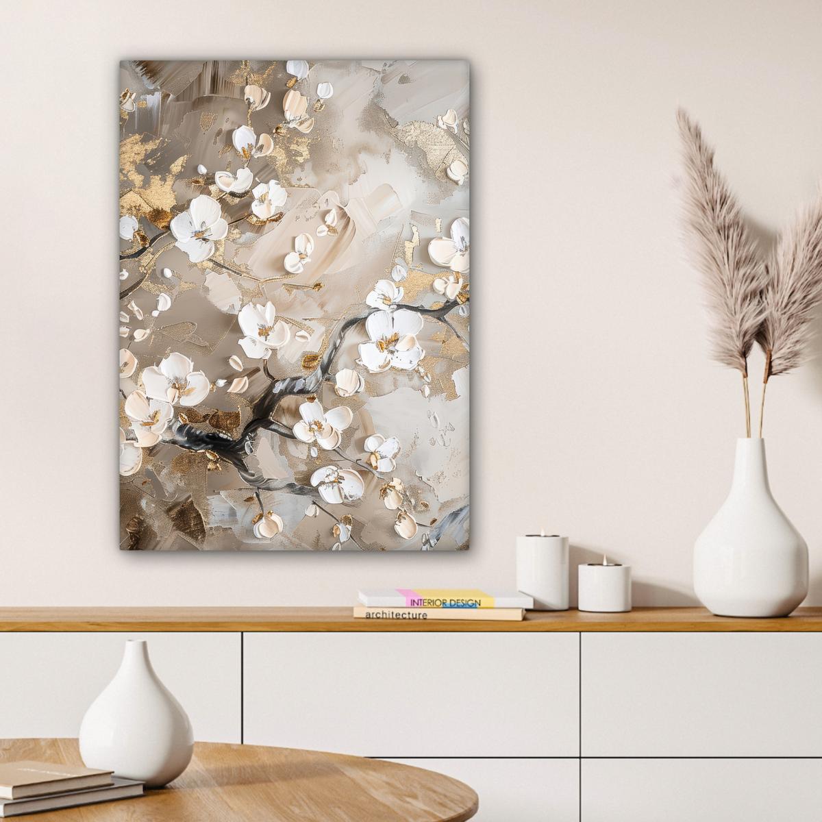 LEINWANDBILD Blumen - Weiß - Gold - Beige - Luxus Wandbild Wohnzimmer 60x80 cm - Greige, Textil (60/80cm) - MuchoWow