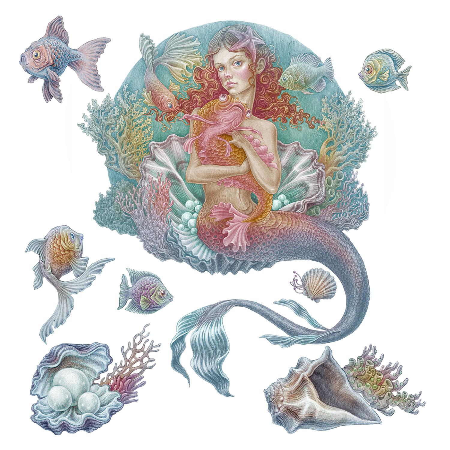 WANDAUFKLEBER 60x60cm - Meerjungfrauen-Zeichentrickwelt - Multicolor, Kunststoff (60/60/0.1cm) - Wallfluent