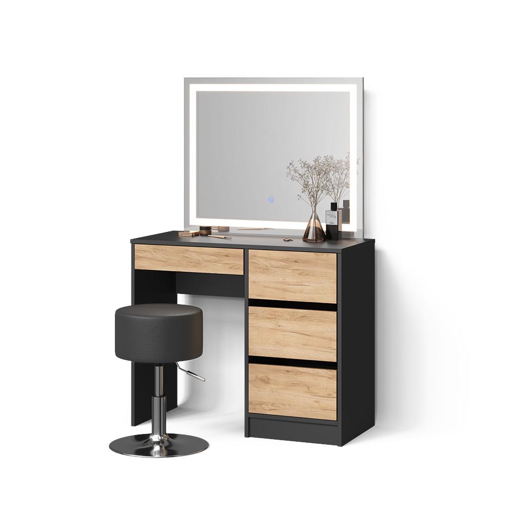 SCHMINKTISCH Imola Anthrazit/Goldkraft Eiche mit LED-Spiegel und Hocker - Honigeiche/Anthrazit, Holzwerkstoff (90/75/55cm) - Livinity®