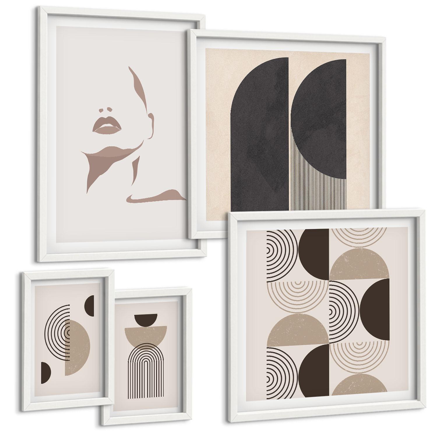 BILDER SET 5er Set - 50x50 cm & 20x30 cm & 40x60 cm Weißer Rahmen - Abstrakte Gesichtsformen - Weiß, Kunststoff (40/60cm) - TULUP
