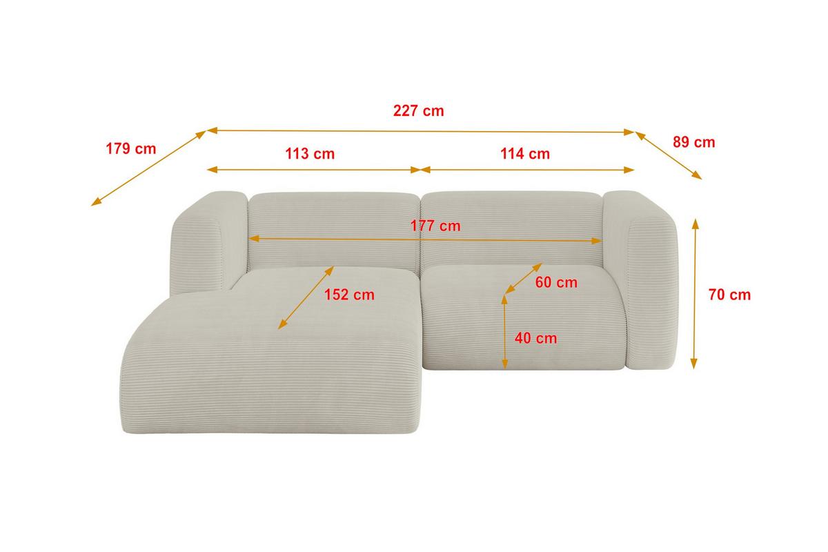 ECKSOFA Ottomane Links MIRA-L1 227x179x89 Creme Cord - Ecru/Creme, Holzwerkstoff/Kunststoff (227/179cm) - ALTDECOR