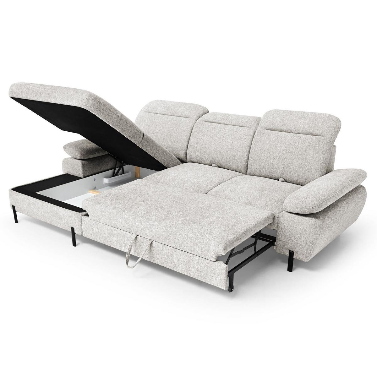 ECKSCHLAFSOFA Sora Mini mit verstellbaren Kopfstützen und Schlaffunktion, Chenille-Stoff, Beige, Links - Beige/Schwarz, Textil (285/190cm) - Beautysofa
