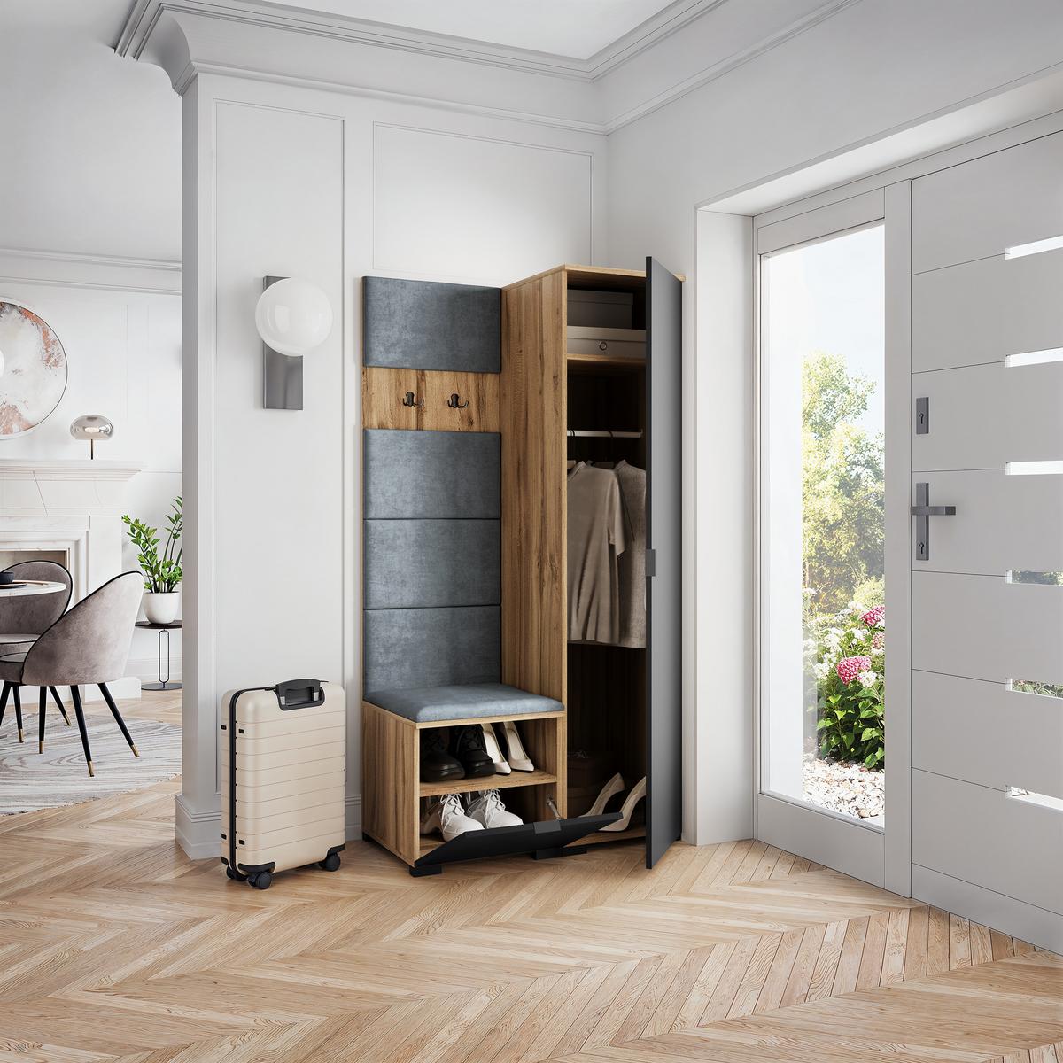 GARDEROBENSCHRANK LORI 95/181/51 cm Modern Garderobe-Set Eiche Wotan - Eiche Wotan/Schwarz, Holzwerkstoff (95/181/51cm) - MASSENO
