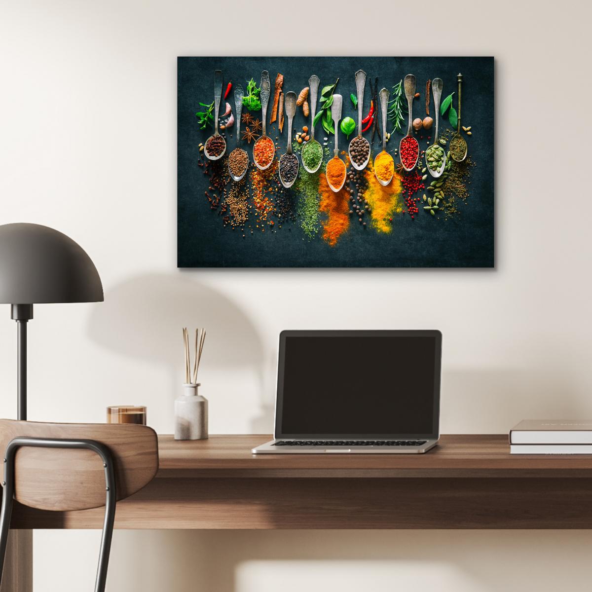 METALLBILD Kräuter - Gewürze - Löffel Wandbild 60x40 cm - Currygelb, Metall (60/40cm) - MuchoWow