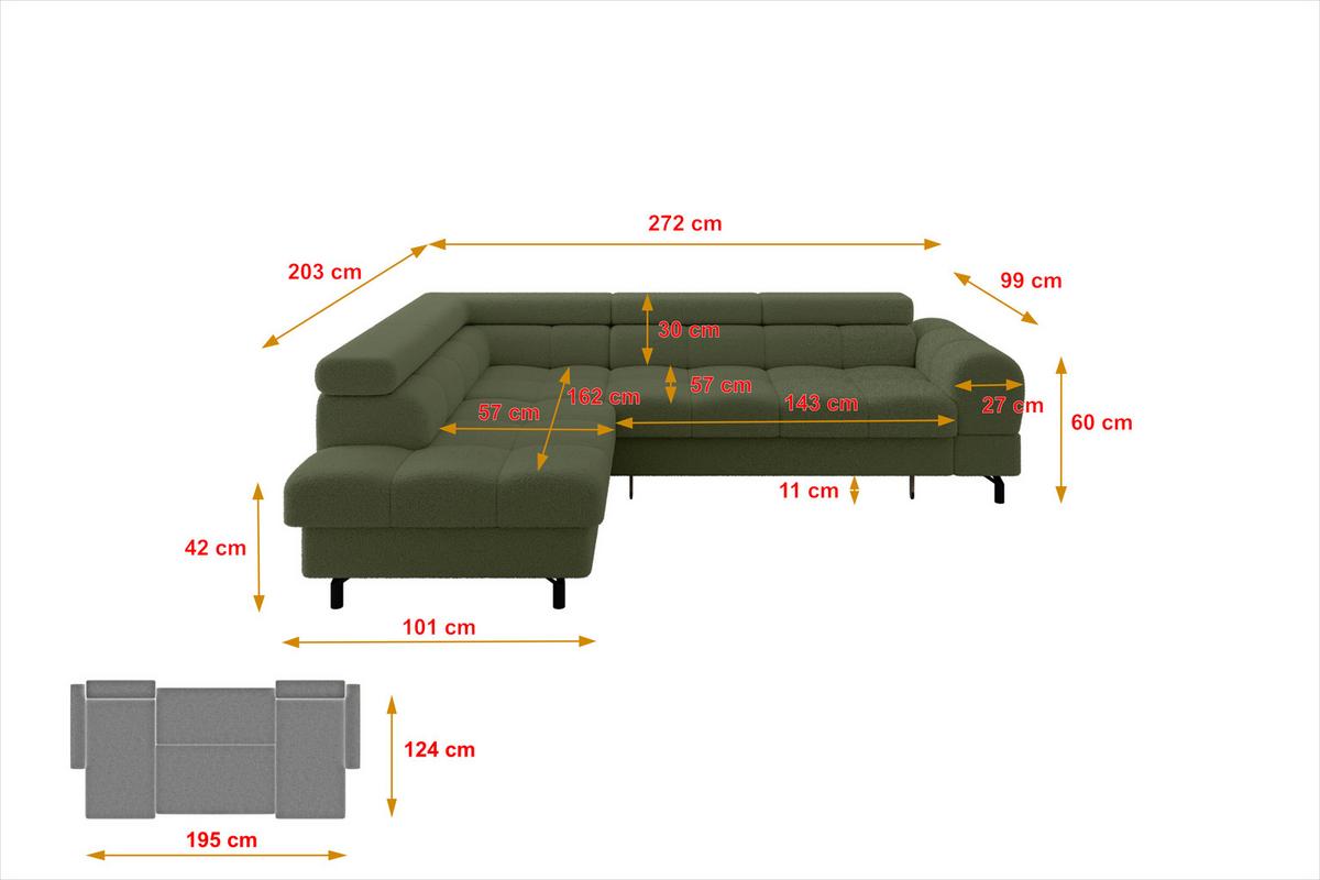 ECKSOFA mit Schlaffunktion Ottomane Links LUMA-L 272x203x70 Grün Bouclé - Smaragdgrün/Schwarz, Holzwerkstoff/Kunststoff (272/203cm) - ALTDECOR