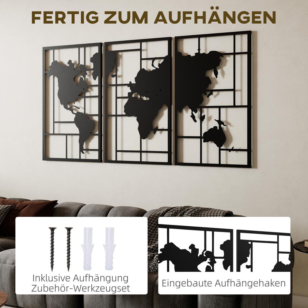 WANDDEKO Weltkarten Design, 50/80 cm - Schwarz, Metall (1.9/80/150cm) - HOMCOM