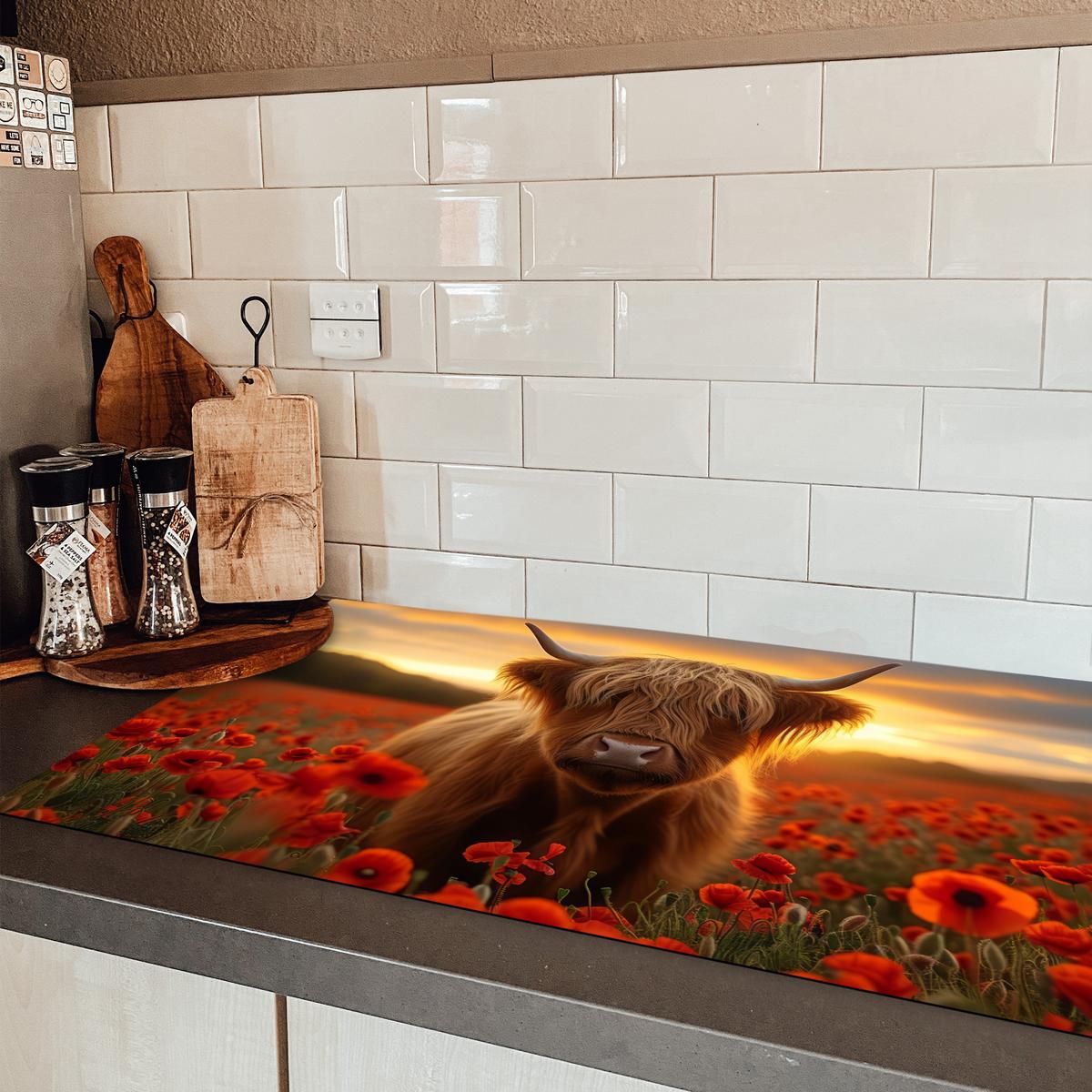 HERDABDECKPLATTE Schottische Highlander - Rosen - Blumenfeld - Sonnenuntergang Induktionsschutz 91.6x52.7 cm - Rotbraun, Kunststoff (91.6/52.7/0.2cm) - MuchoWow