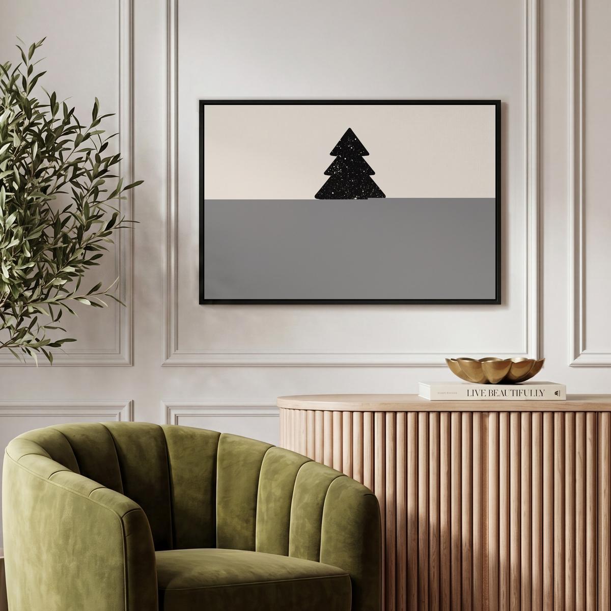 LEINWAND Bilder mit Rahmen - Weihnachtsbaum - Schwarz - Urlaub - Beige - 60x40 - Schwarz, Textil (60/40cm) - MuchoWow