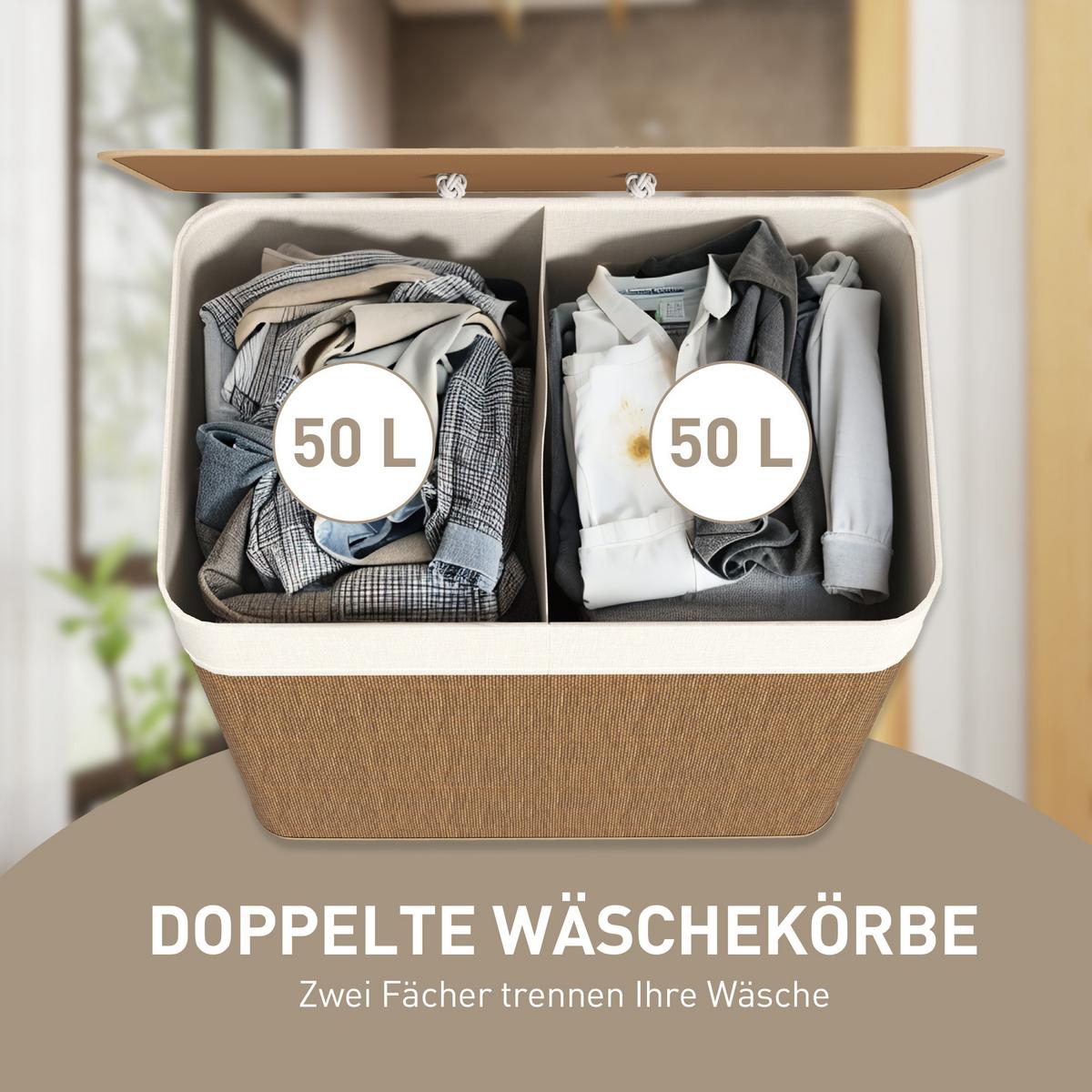 BAMBUS Wäschekorb mit Deckel 2 Fächer 100 L Wäschesammler mit Seilgriffen - Braun, Naturmaterialien (32/63/52cm) - HOMCOM
