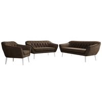 SITZGARNITUR PIRS 3+2+1 - Braun Velvet - Weiße Beine - Dunkelbraun/Braun, Holzwerkstoff/Textil (180/75/74cm) - MKS