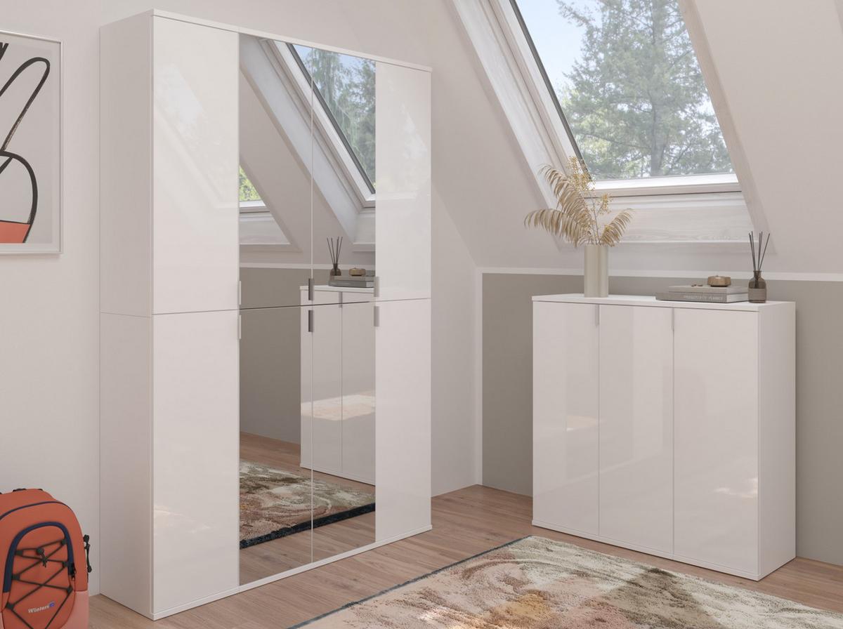 KOMMODE weiß Hochglanz 122 x 99 cm, Sideboard mit 4 Türen und 12 Fächern - Weiß Hochglanz/Silberfarben, Holzwerkstoff/Kunststoff (122/99/34cm) - Inn.Furn
