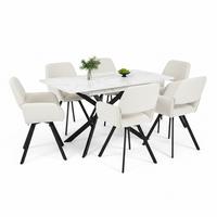 TISCHGRUPPE 7-teilig Ausziehtisch Marmoroptik Weiß & 6x 360° Drehstühle Beige - Schwarz/Weiß, Holzwerkstoff/Textil (160/77/80cm) - Urban Meuble