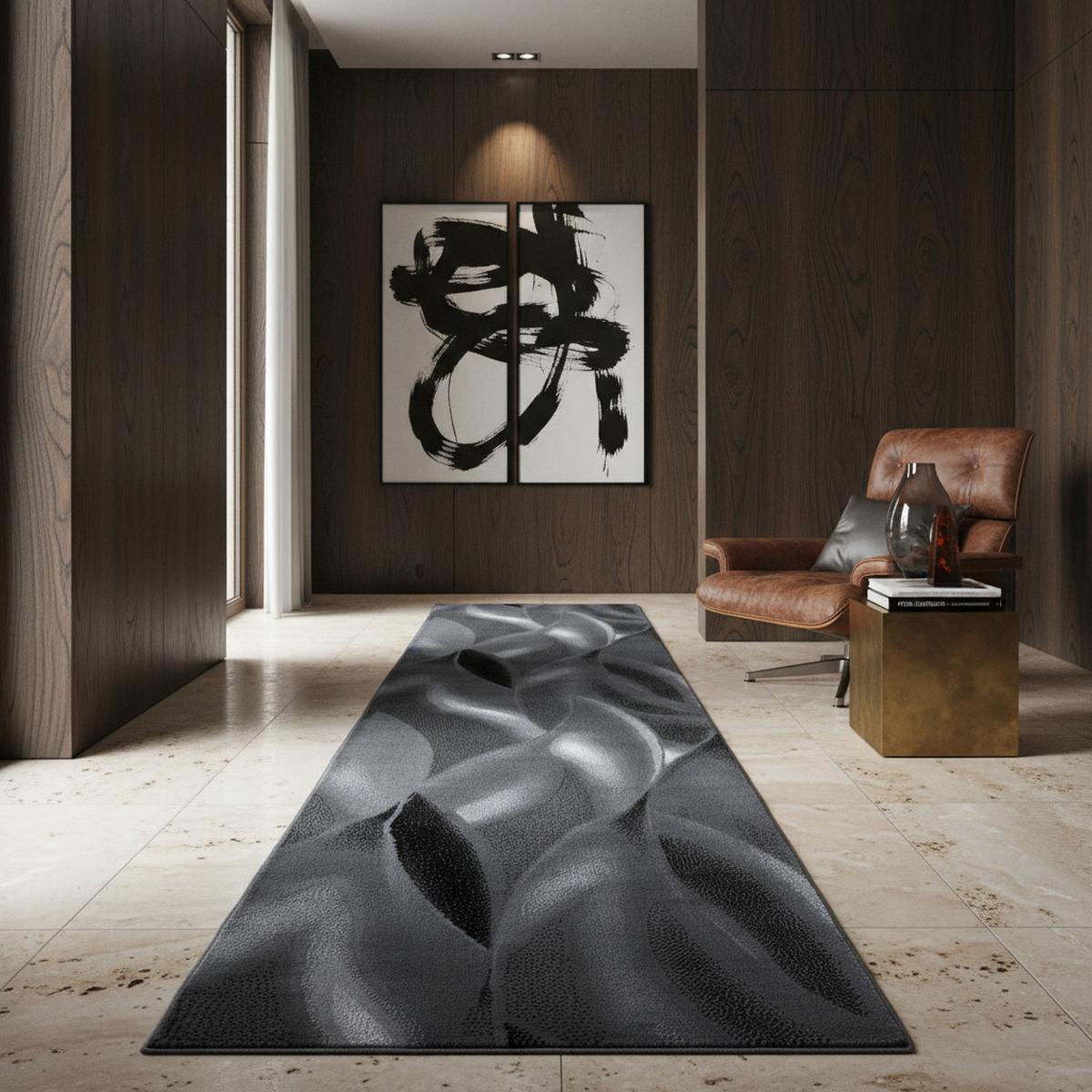 TEPPICH Kurzflor INN in Schwarz, mit abstraktem Wellenmuster, 80 x 300 cm - Schwarz, Textil (80/300cm) - KADIMA DESIGN
