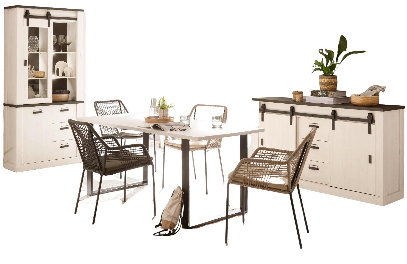 ESSZIMMER-SET weiß Pinie, anthrazit, Speisezimmer 3-teilig mit Esstisch, Vitrine, Sideboard - Anthrazit/Weiß, Holzwerkstoff/Metall (275/201/80cm) - Furn.Design