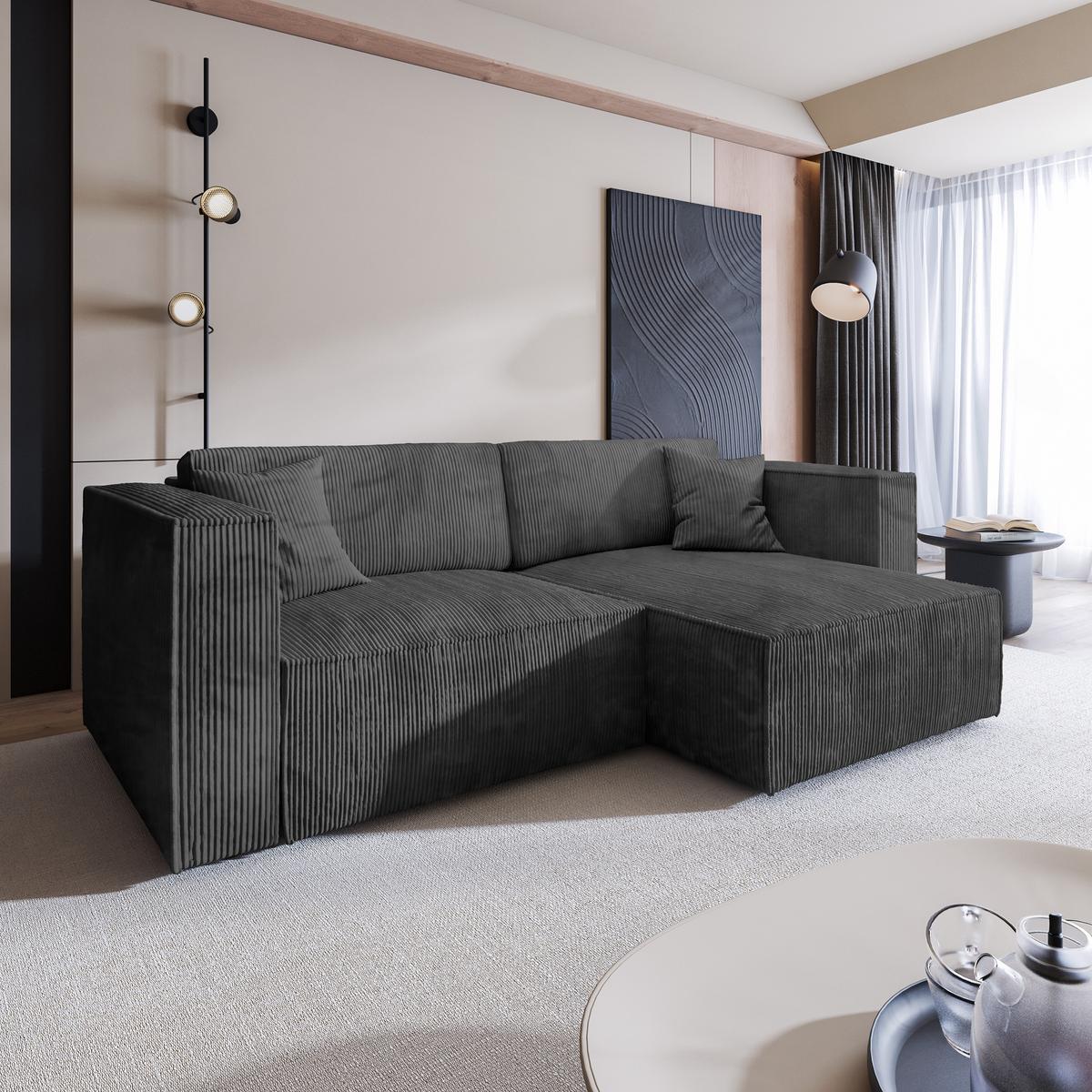 ECKSOFA NERIO P Graphitfarben Kordstoff mit Schlaffunktion - Graphitfarben/Grau, Holz/Kunststoff (245/148cm) - MASSENO