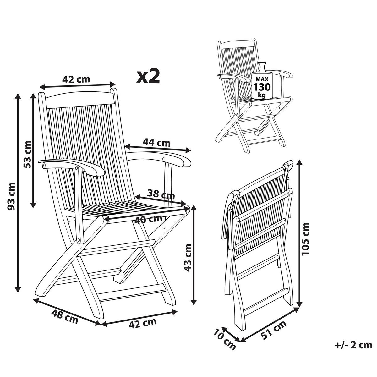 GARTENSTUHL 2er-Set mit Armlehnen Akazienholz hellbraun Maui - Hellbraun, Holz (42/93/48cm) - Beliani