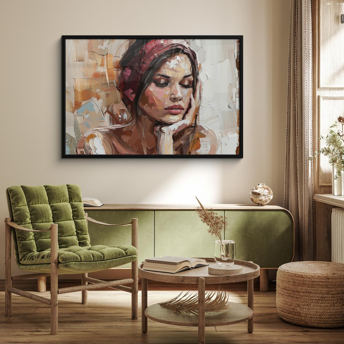 POSTER MIT RAHMENGERAHMTES BILD Frau - Lackierung - Porträt - Modern 120x80 cm - Altrosa, Papier (120/80cm) - MuchoWow