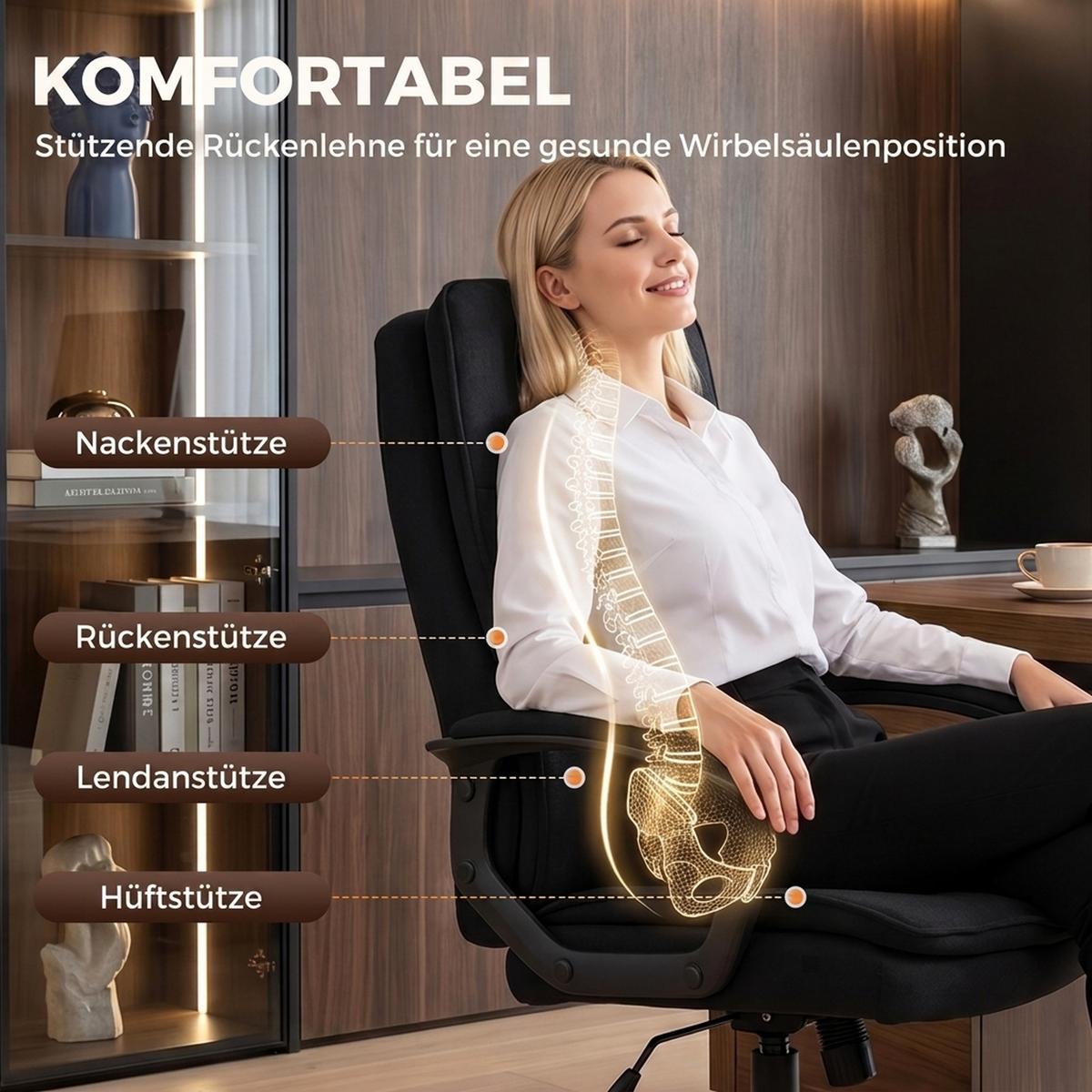 BÜROSTUHL Leinen Schwarz - Schwarz, Textil/Metall (63/112/70cm) - HOMCOM