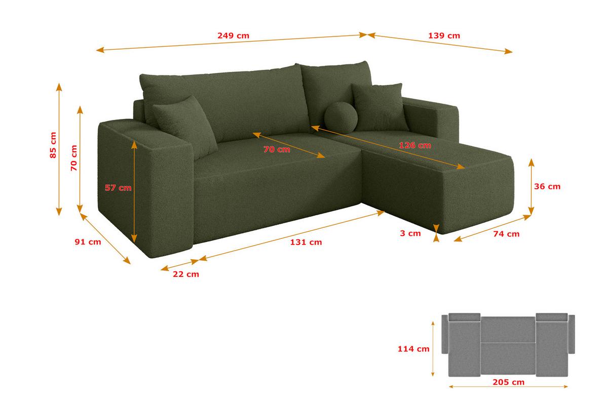 ECKSOFA mit Schlaffunktion Ottomane Rechts SENO-L 249x139x85 Grün Bouclé - Schwarz/Olivgrün, Holzwerkstoff/Kunststoff (249/139cm) - ALTDECOR