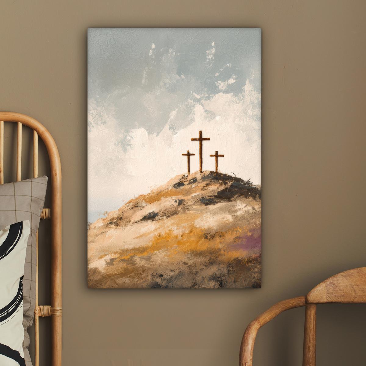 LEINWANDBILD Hügel - Abstrakt - Christentum - Kreuz Wanddeko 40x60 cm - Hellgrau, Textil (40/60cm) - MuchoWow
