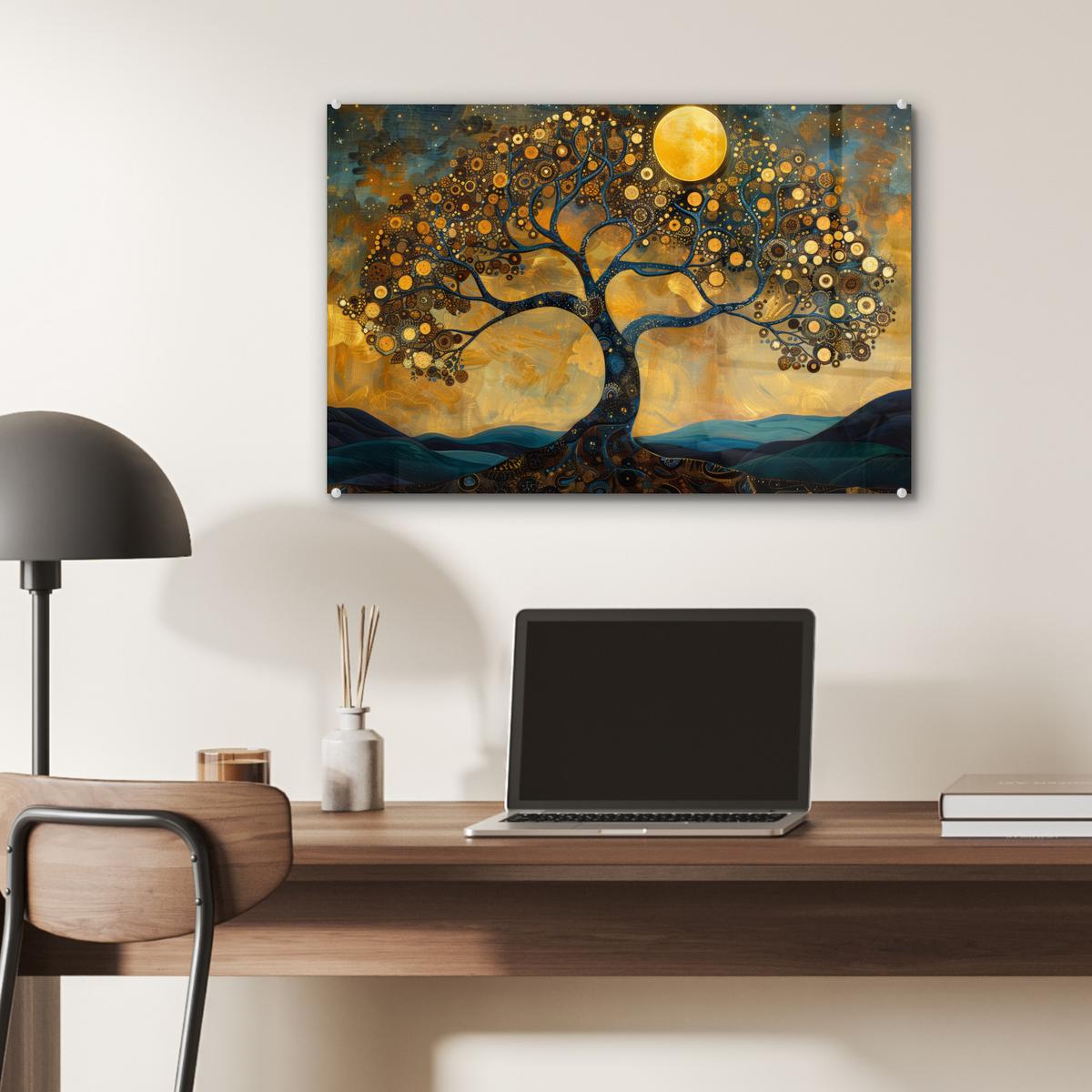 ACRYLGLASBILD Baum - Mond - Blumen - Gold - Kunst Wanddeko 60x40 cm - Orange, Glas (60/40cm) - MuchoWow