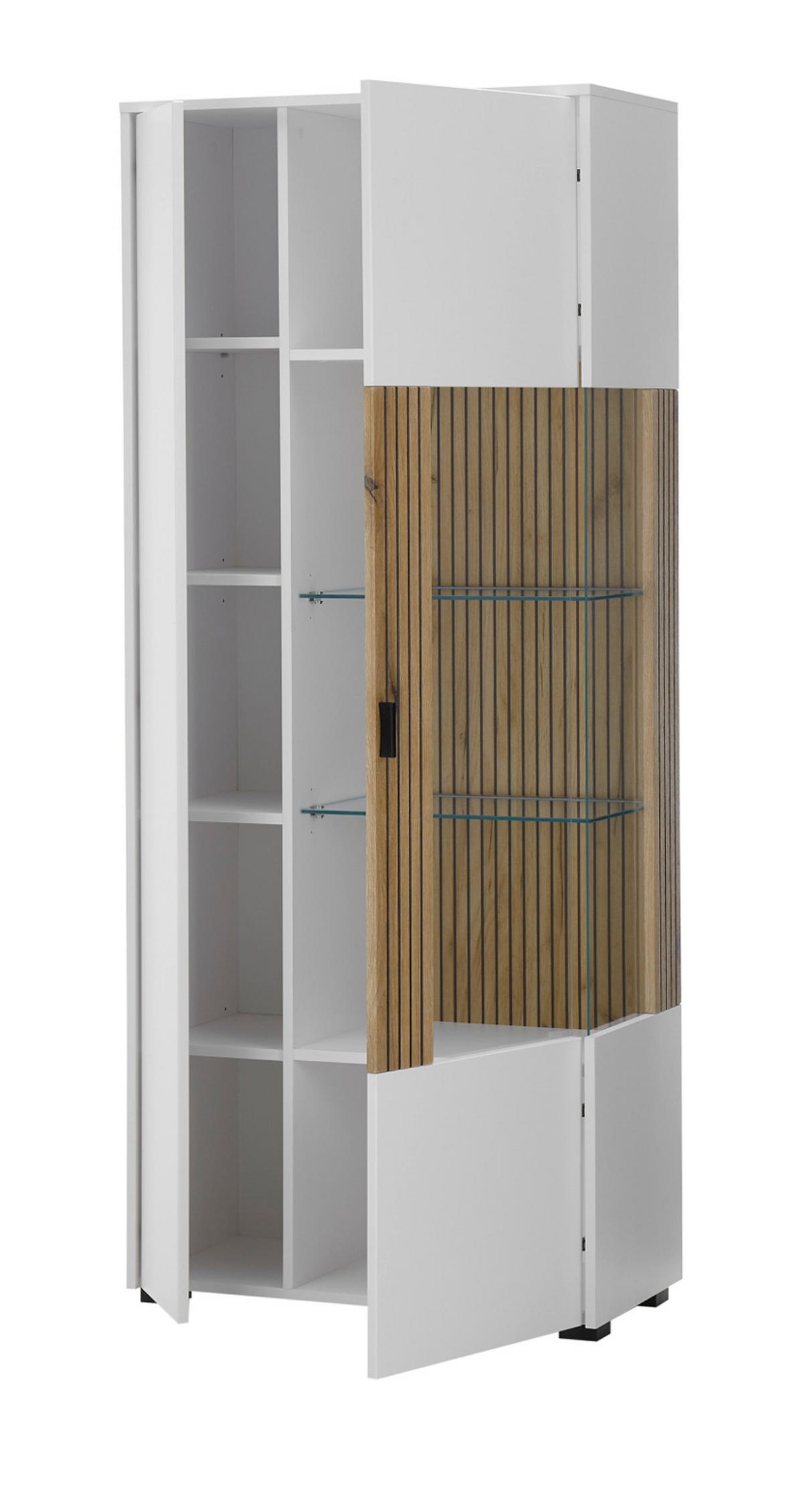 VITRINE weiß matt, Eiche 75 x 180 cm, Vitrinenschrank mit 10 Fächern und Soft-Close-Funktion - Eichefarben/Schwarz, Glas/Holzwerkstoff (75/180/38cm) - Furn.Design
