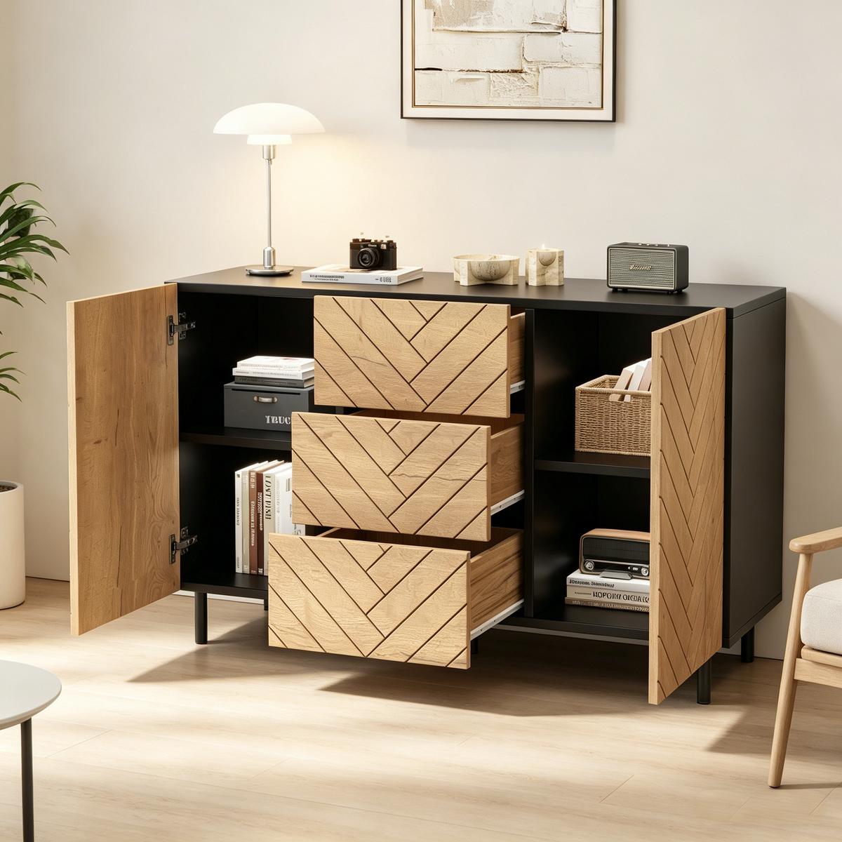SIDEBOARD 120cm Holzoptik & Schwarz mit 3 Schubladen und 2 Türen - Naturfarben, Holzwerkstoff (120/76/40cm) - Urban Meuble