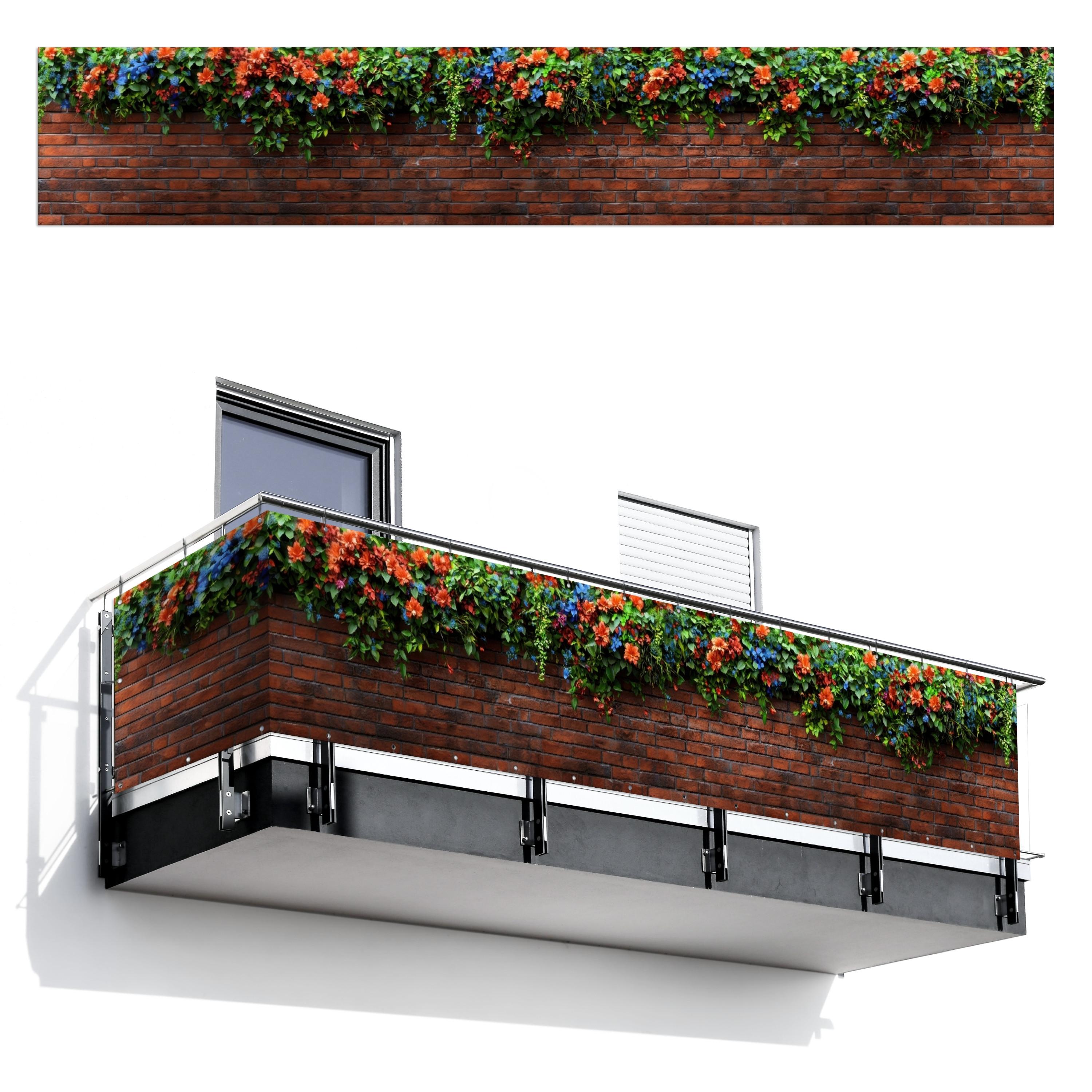 BALKON-SICHTSCHUTZ Blumen - Wand - Grün - Orange Groß 500x90 cm - Rotbraun, Kunststoff (500/90cm) - MuchoWow