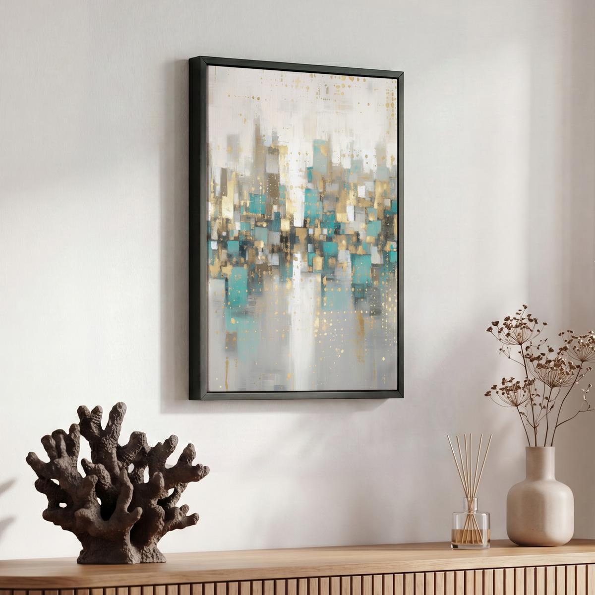 LEINWAND Bilder mit Rahmen - Abstrakt - Blöcke - Gold - Skyline - 30x40 - Beige, Textil (30/40cm) - MuchoWow