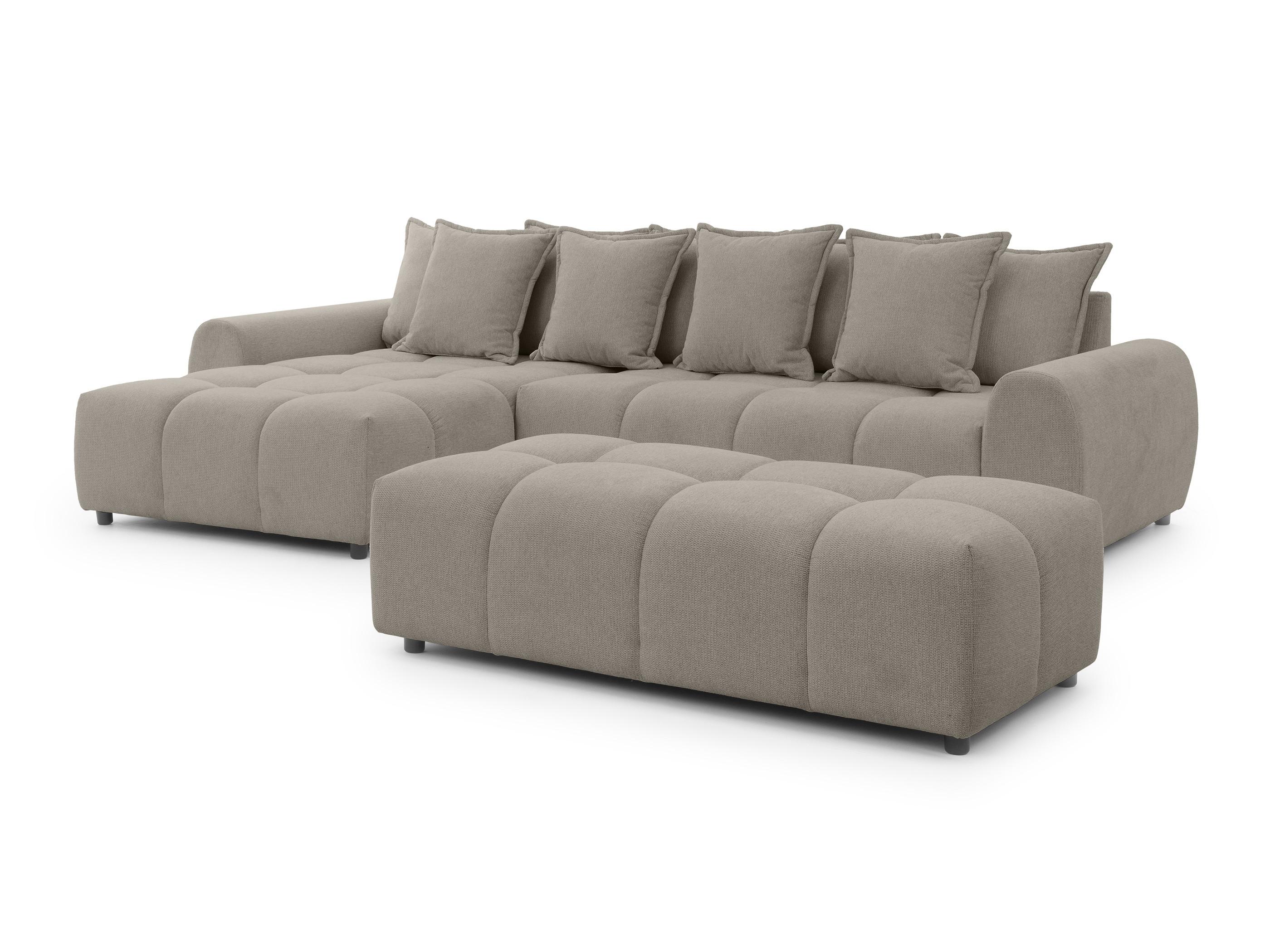 ECKSOFA inkl. Hocker Bubble mit Schlaffunktion und losen Rückenkissen, Sitzfläche in Bubble-Optik aus weichem Taupe Strukturstoff - Ottomane Links - Taupe/Schwarz, Holz/Kunststoff (180/306cm) - S-Style Möbel