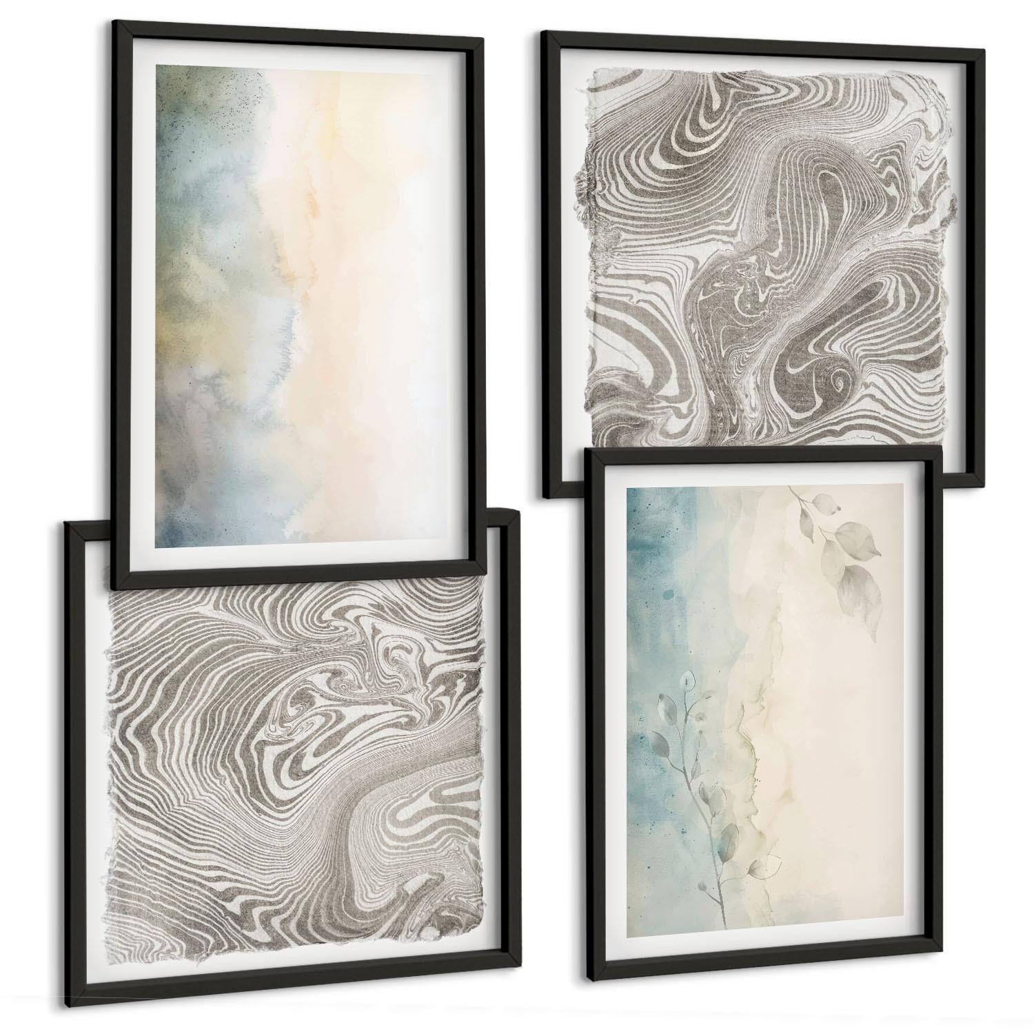 BILDER SET 4er Set - 50x50 cm & 40x60 cm Schwarzer Rahmen - Zarte Aquarellkartons - Schwarz, Kunststoff (50/50cm) - TULUP