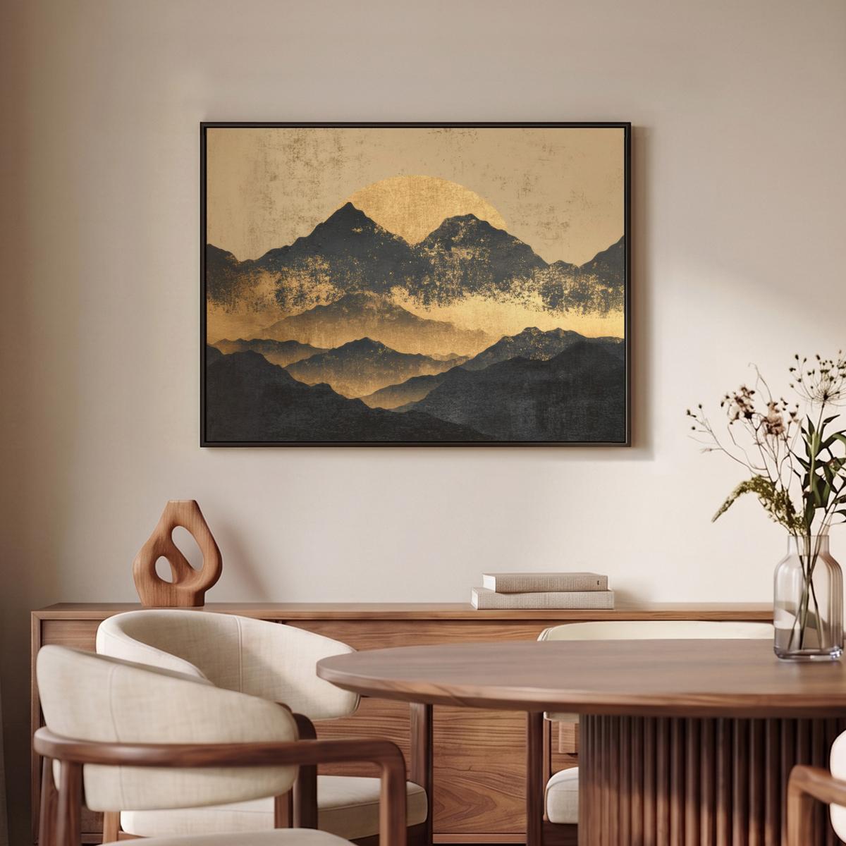 LEINWAND Bilder mit Rahmen - Goldene Berge bei Mondschein - 80x60 - Goldfarben, Textil (80/60cm) - MuchoWow