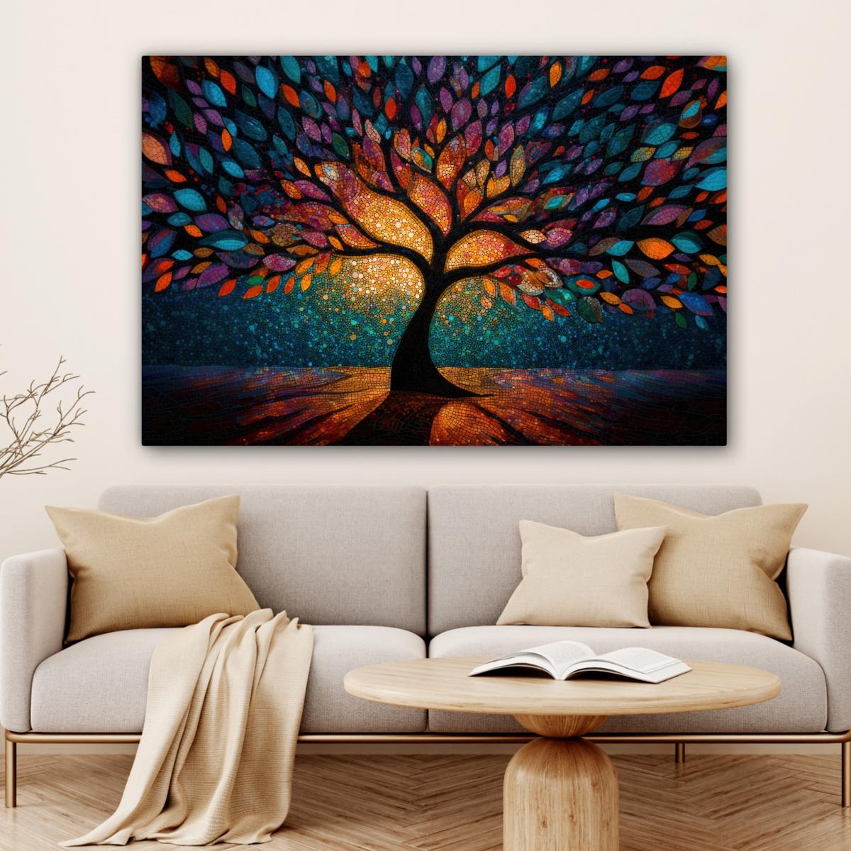 LEINWANDBILD Mosaik - Bunt - Baum - Äste Wohnzimmer Groß 120x80 cm - Multicolor, Textil (120/80cm) - MuchoWow