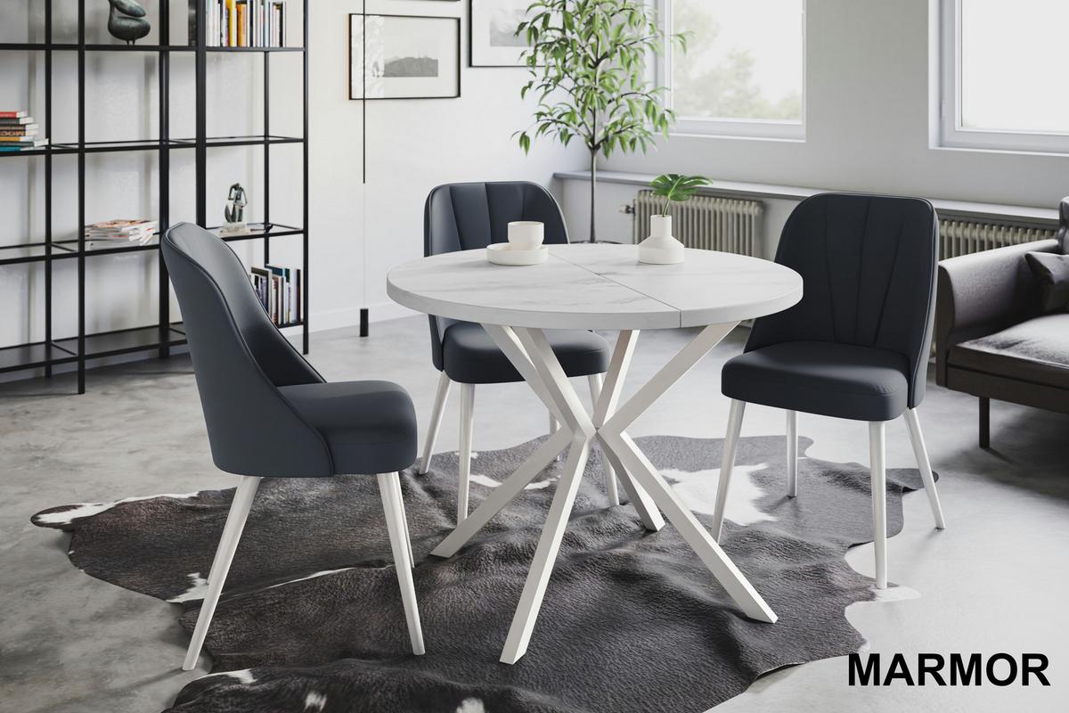 RUNDER Esszimmertisch LOFT LITEN, ausziehbarer Tisch Durchmesser: 120 cm/200 cm, Wohnzimmertisch Farbe: Marmur, mit Metallbeinen in Farbe Weiß - Hellgrau/Weiß, Holzwerkstoff (120/120/76cm) - Alpi-Möbel