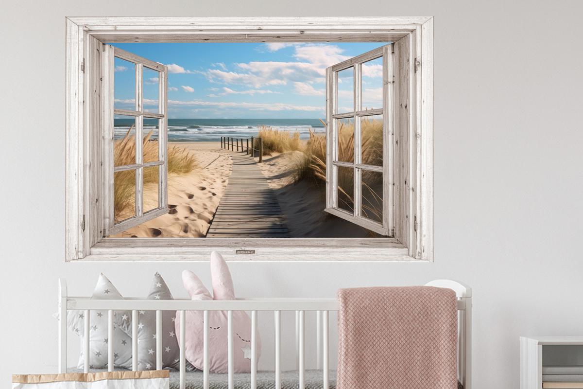 WANDTATTOO Fenster - Meer - Küste - Natur - Ausblick - Strand - Wattenmeer Wandsticker 120x80 cm - Beige, Kunststoff (120/80/0.1cm) - MuchoWow