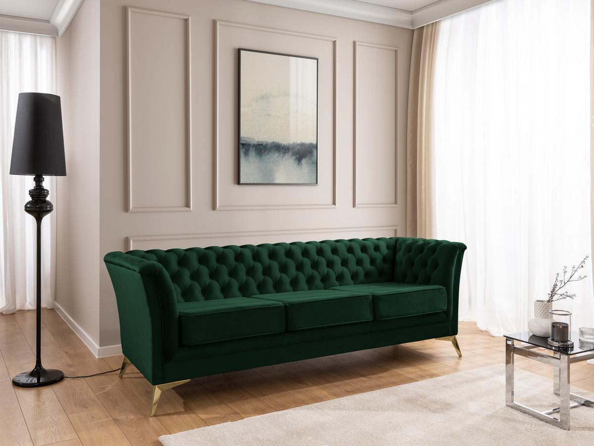 CHESTERFIELD-SOFA 3-sitzer Whitby Flaschengrün Samt mit goldenen Füßen - Dunkelgrün/Goldfarben, Holz/Textil (237/78/82cm) - S-Style Möbel